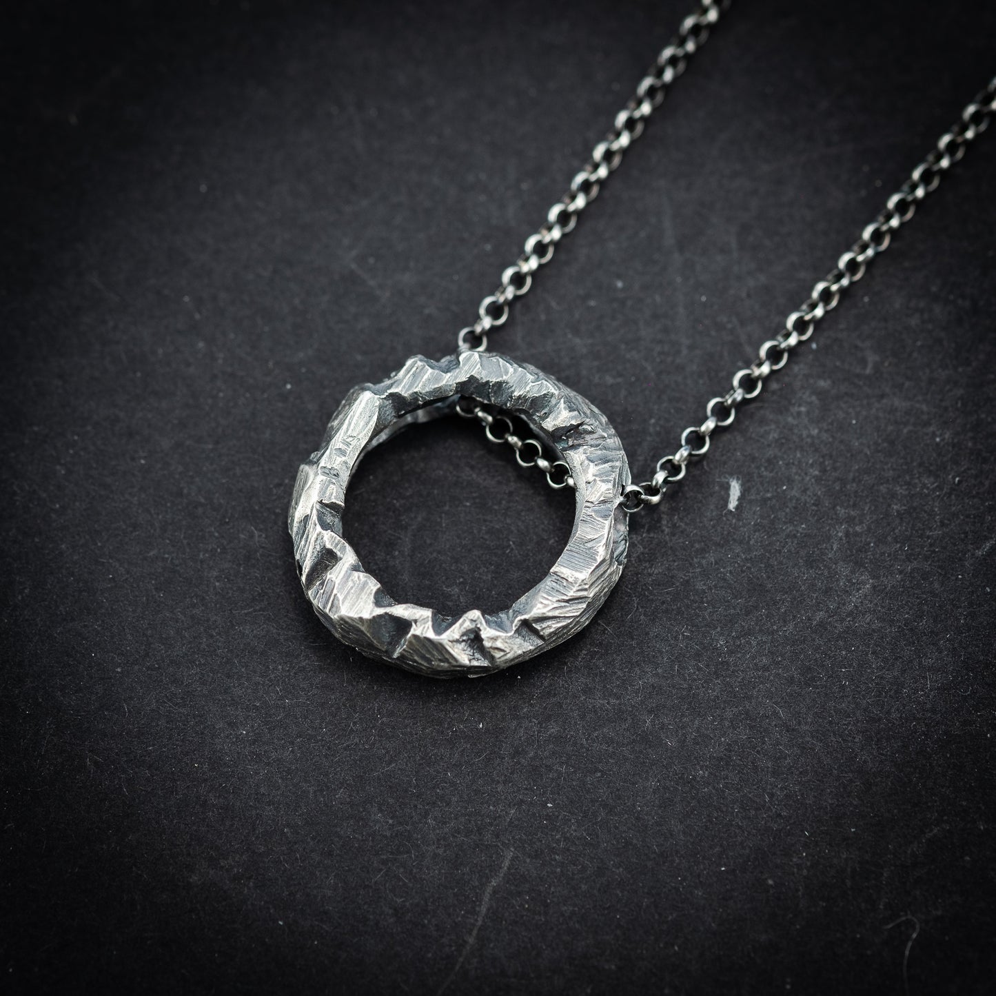 Handcrafted Oxidized Sterling Silver Necklace – Brutalist Circle Pendant, Rustic Unisex Statement Jewelry