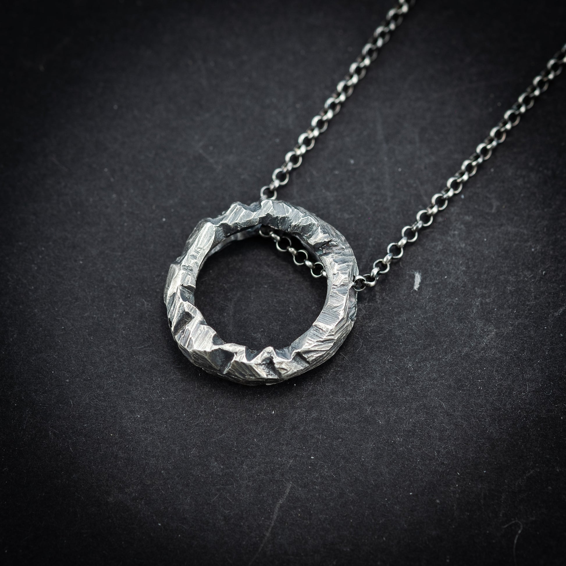 Handcrafted Oxidized Sterling Silver Necklace – Brutalist Circle Pendant, Rustic Unisex Statement Jewelry