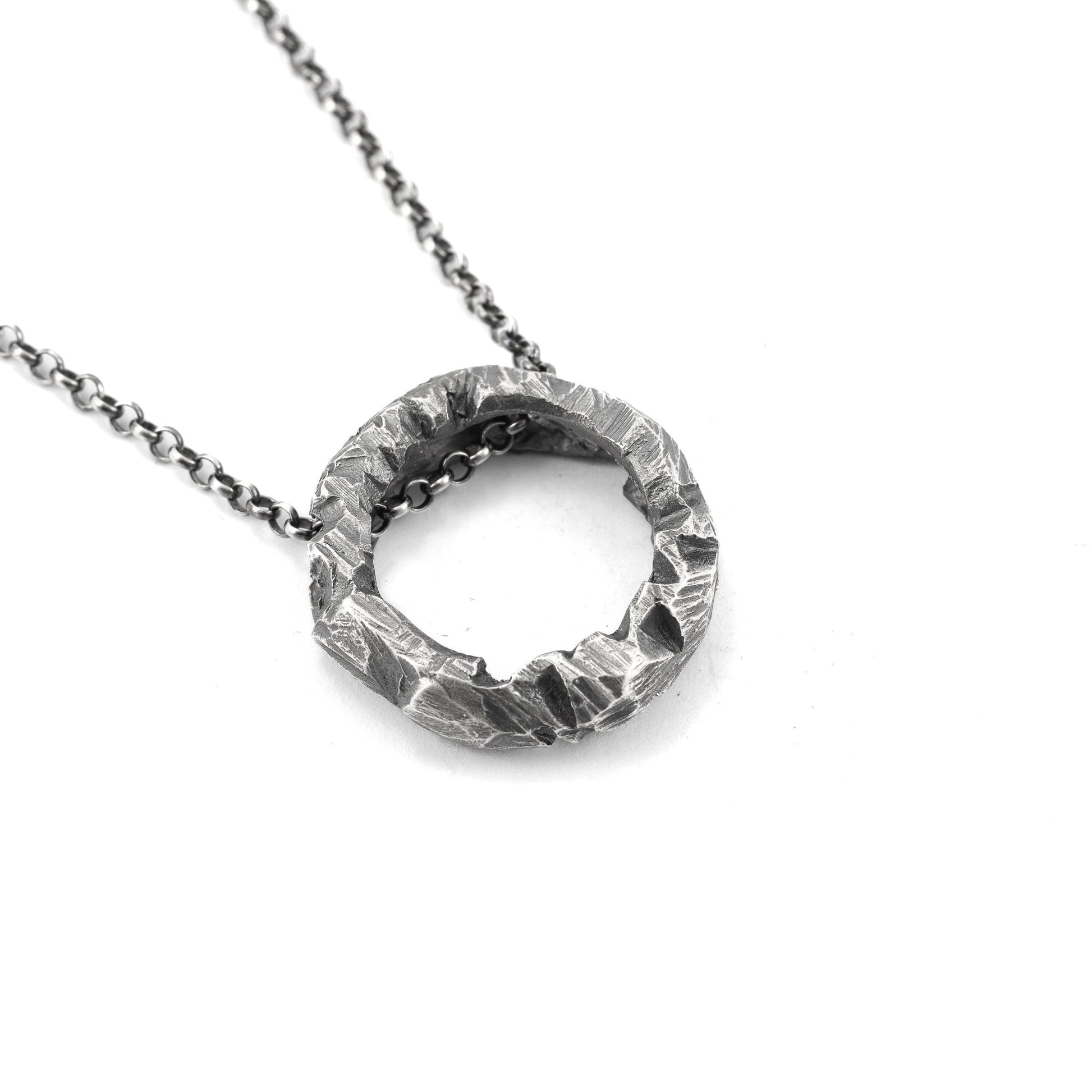 Handcrafted Oxidized Sterling Silver Necklace – Brutalist Circle Pendant, Rustic Unisex Statement Jewelry