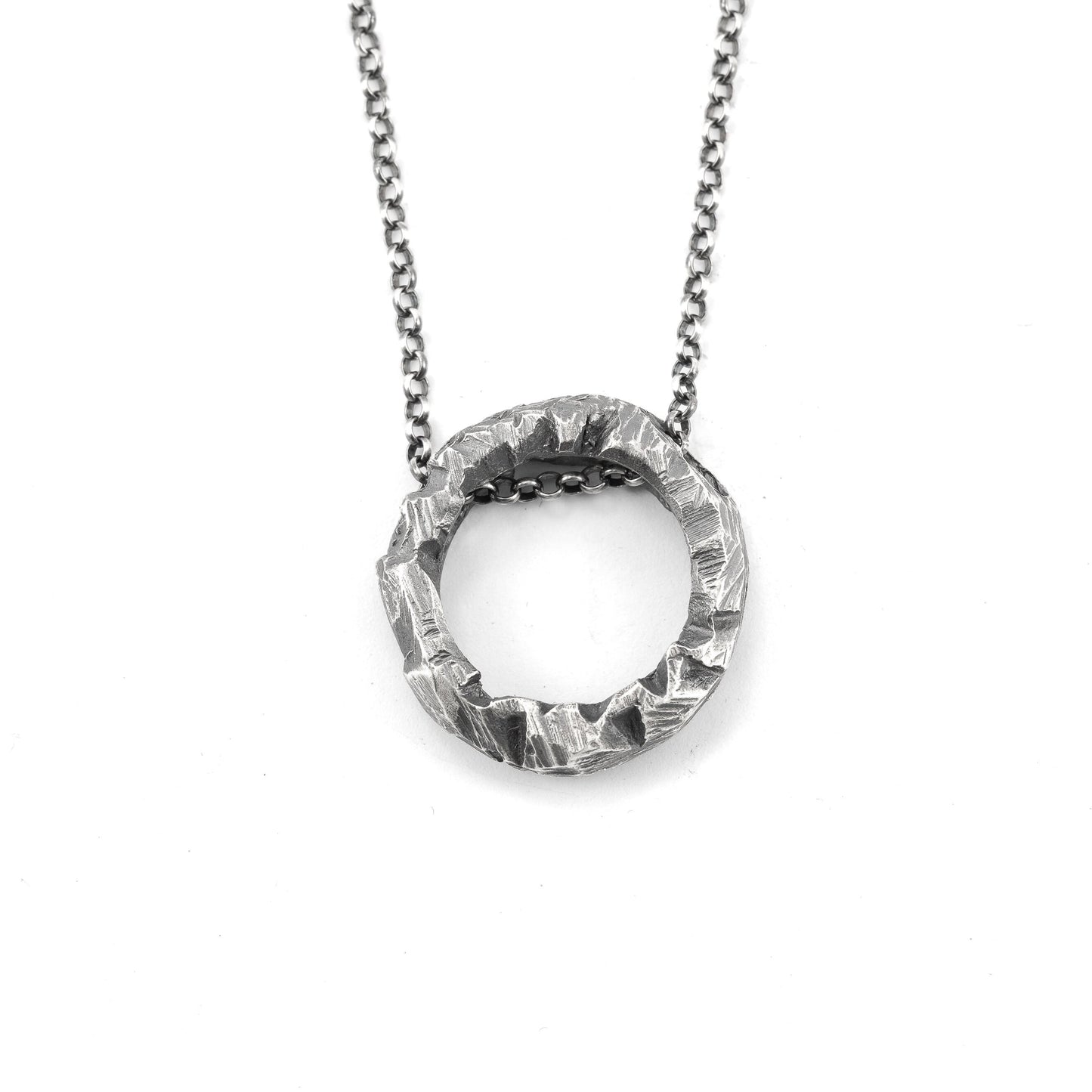 Handcrafted Oxidized Sterling Silver Necklace – Brutalist Circle Pendant, Rustic Unisex Statement Jewelry