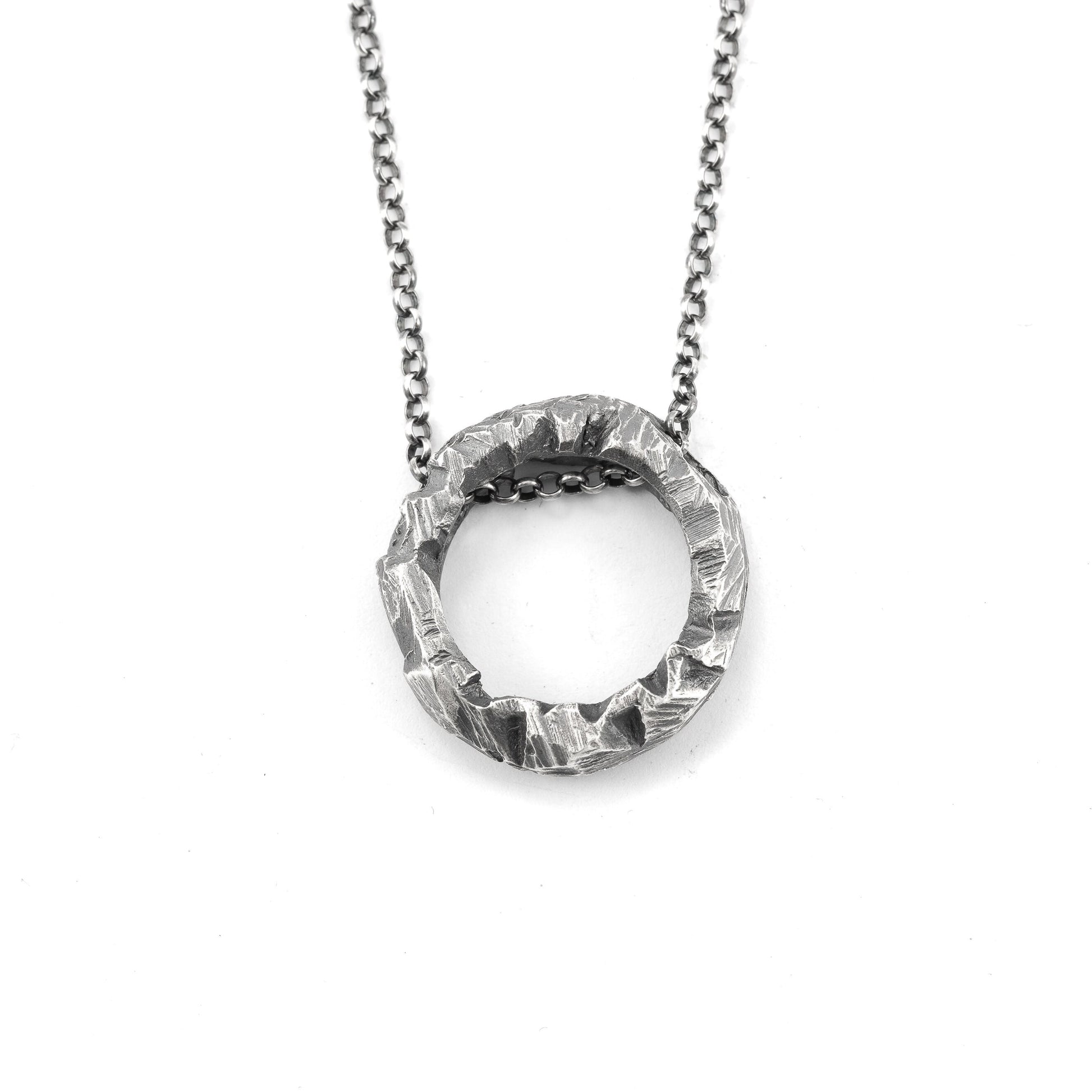 Handcrafted Oxidized Sterling Silver Necklace – Brutalist Circle Pendant, Rustic Unisex Statement Jewelry