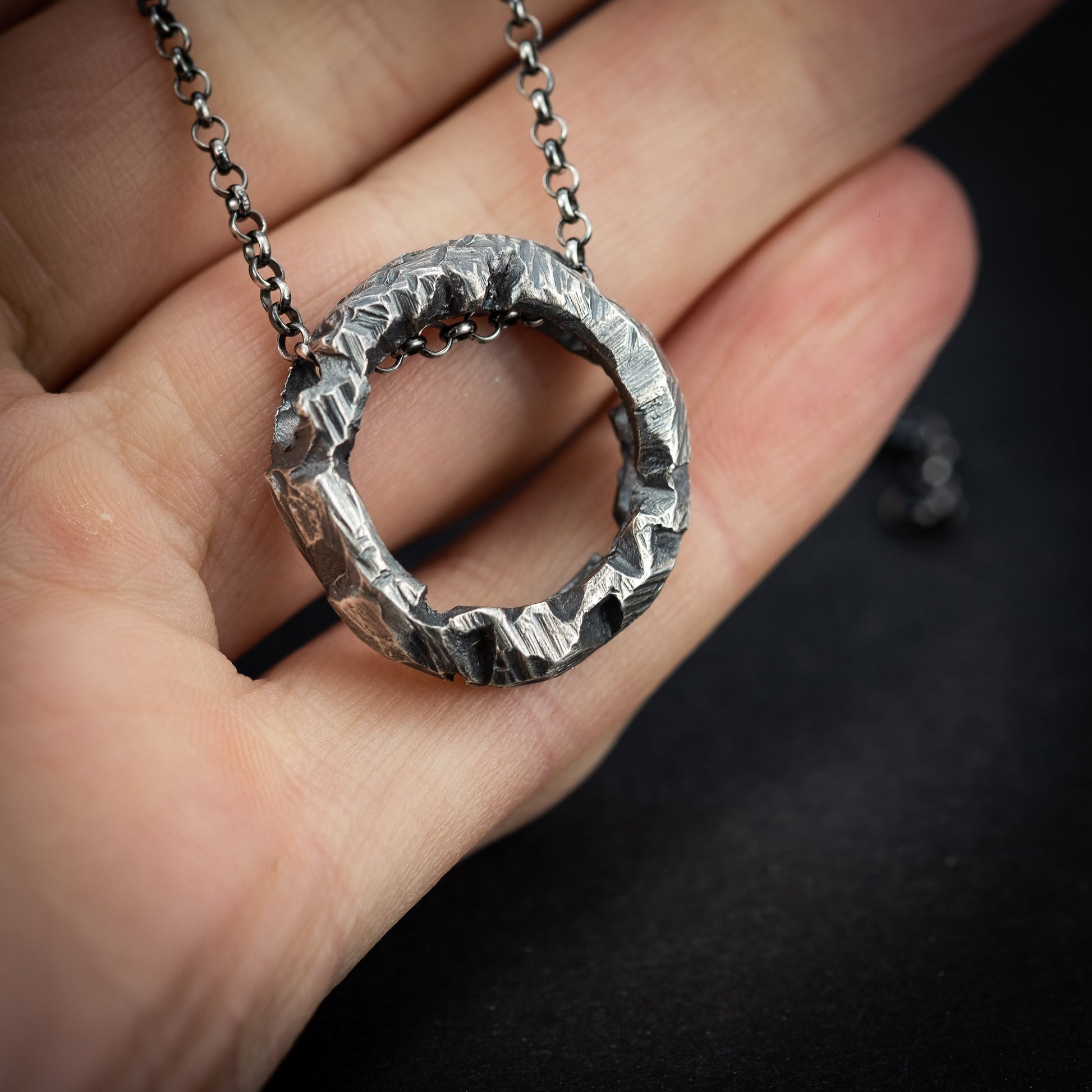 Handcrafted Oxidized Sterling Silver Necklace – Brutalist Circle Pendant, Rustic Unisex Statement Jewelry