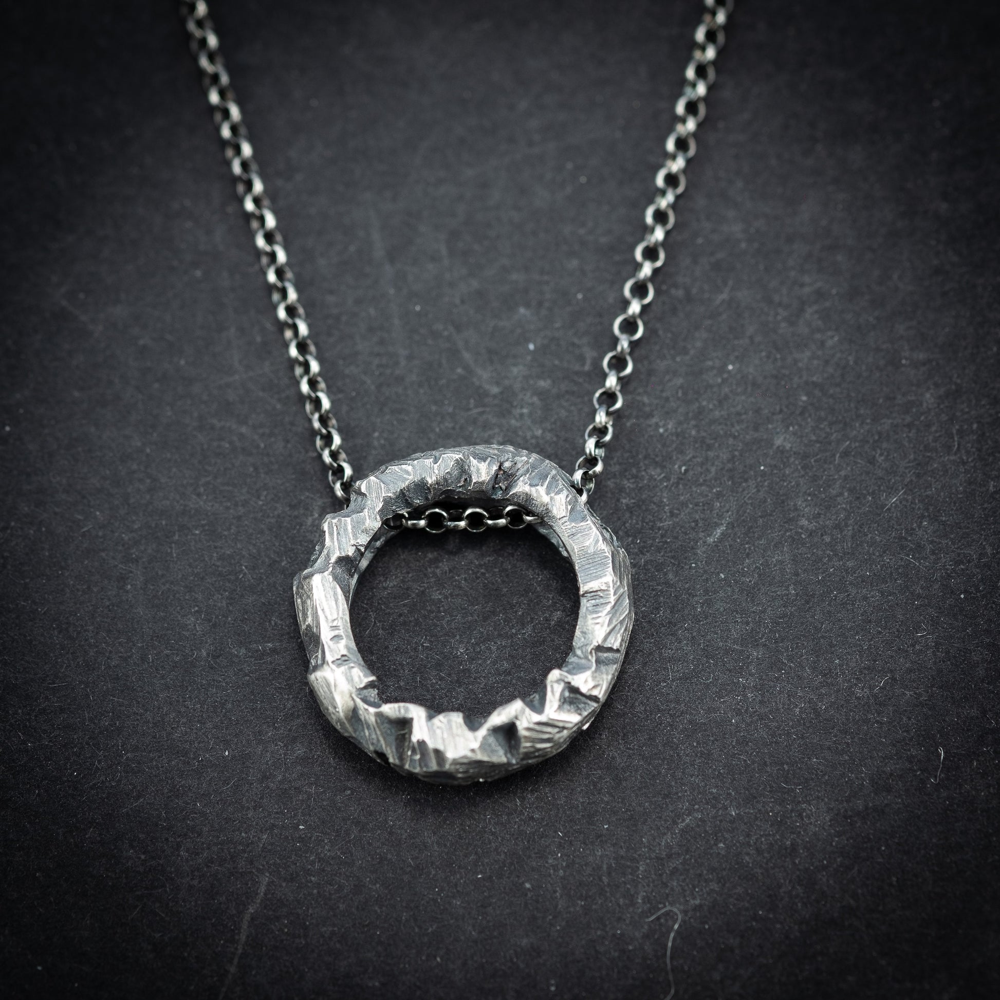 Handcrafted Oxidized Sterling Silver Necklace – Brutalist Circle Pendant, Rustic Unisex Statement Jewelry