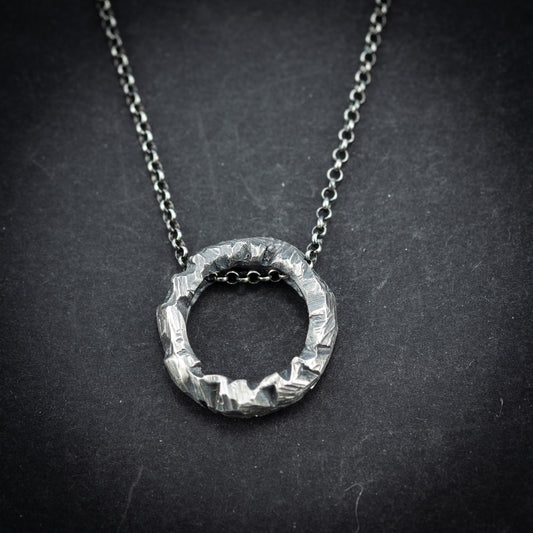 Handcrafted Oxidized Sterling Silver Necklace – Brutalist Circle Pendant, Rustic Unisex Statement Jewelry