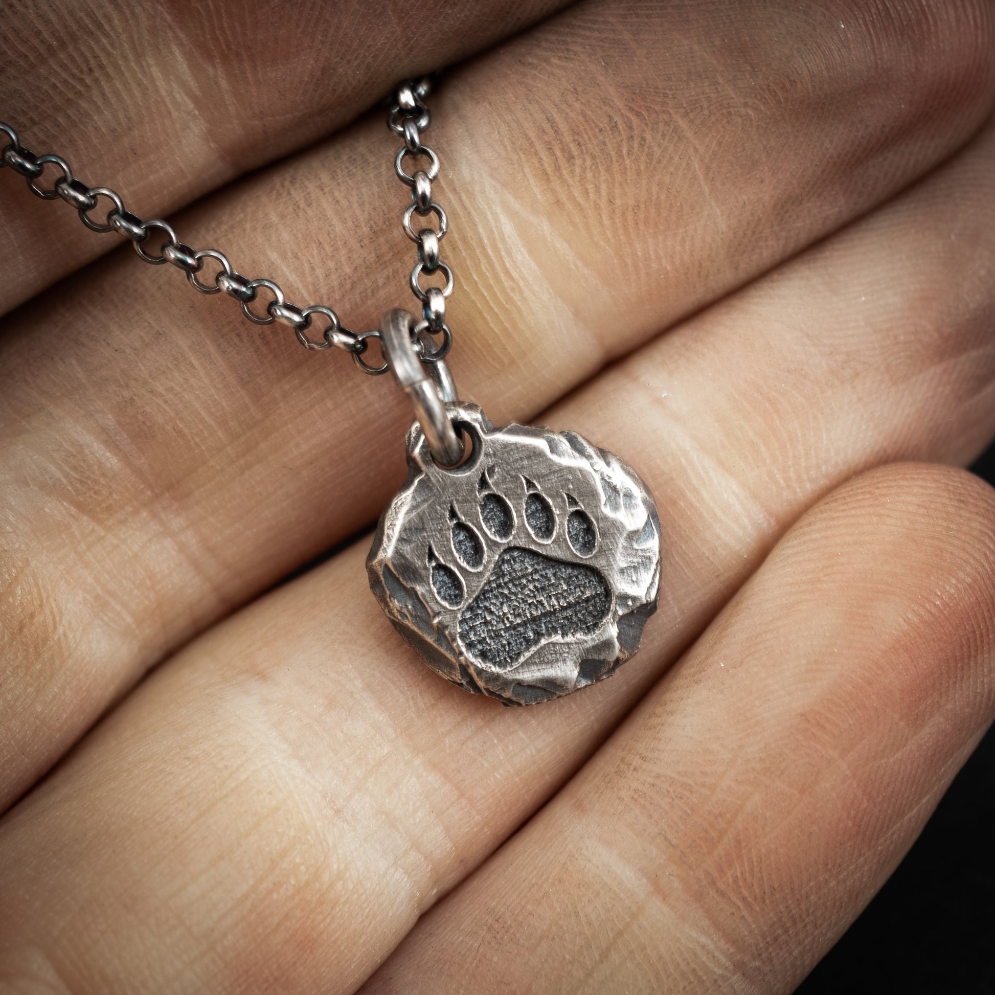 Bear Claw silver mens pendant necklace, Rustic Oxidized handmade forest nature jewelry, gift for him, Christmas gift, Paw print necklace
