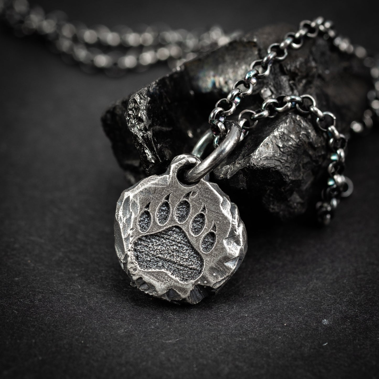 Bear Claw silver mens pendant necklace, Rustic Oxidized handmade forest nature jewelry, gift for him, Christmas gift, Paw print necklace