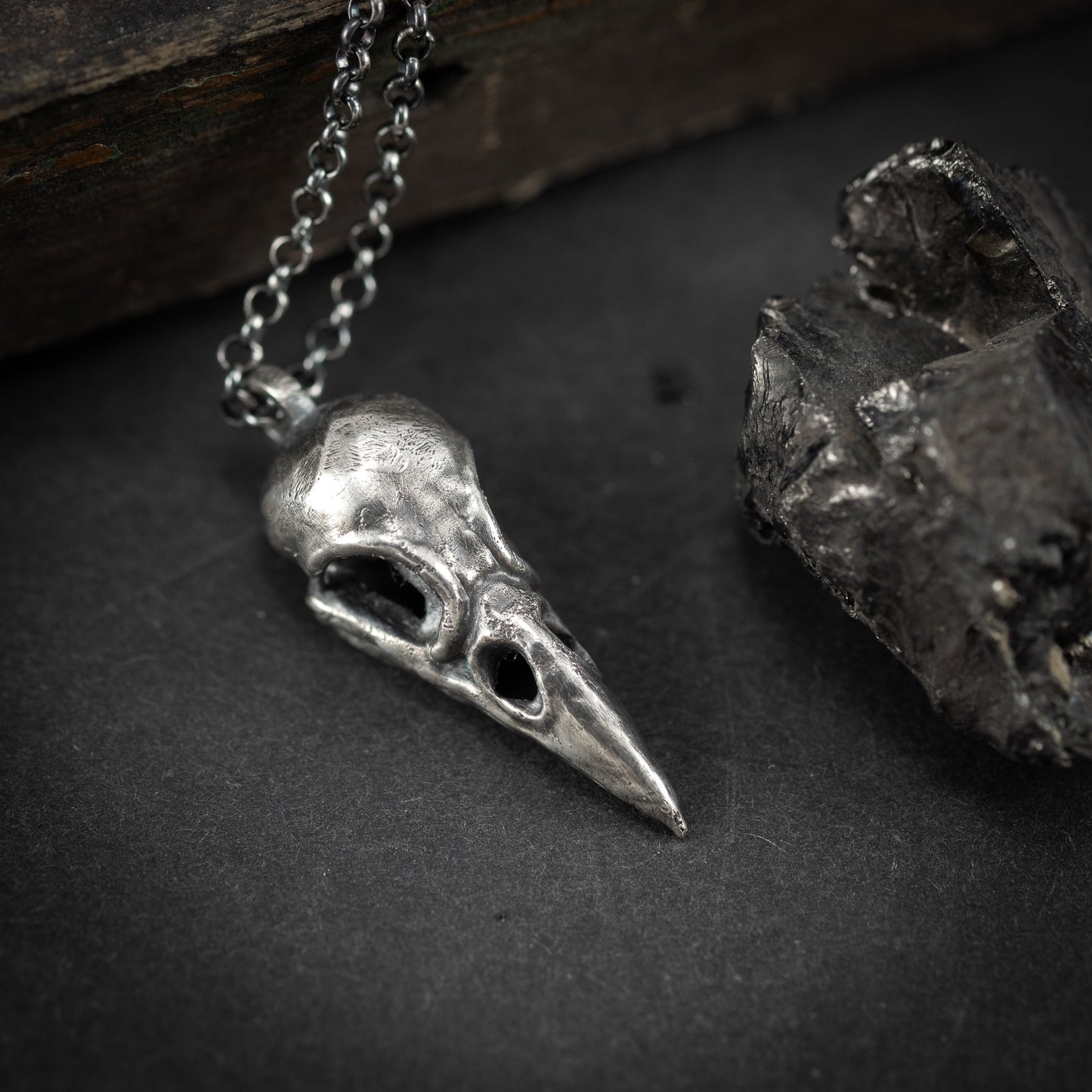 Silver Raven Skull Pendant Necklace – Gothic Bird Skull Jewelry for Men, Unique Gift for Nature and Mysticism Lovers