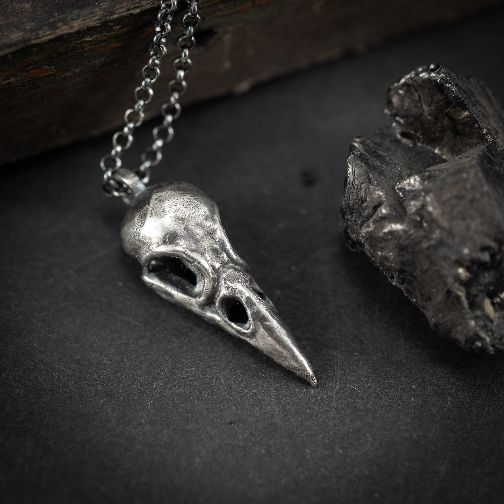 Silver Raven Skull Pendant Necklace – Gothic Bird Skull Jewelry for Men, Unique Gift for Nature and Mysticism Lovers