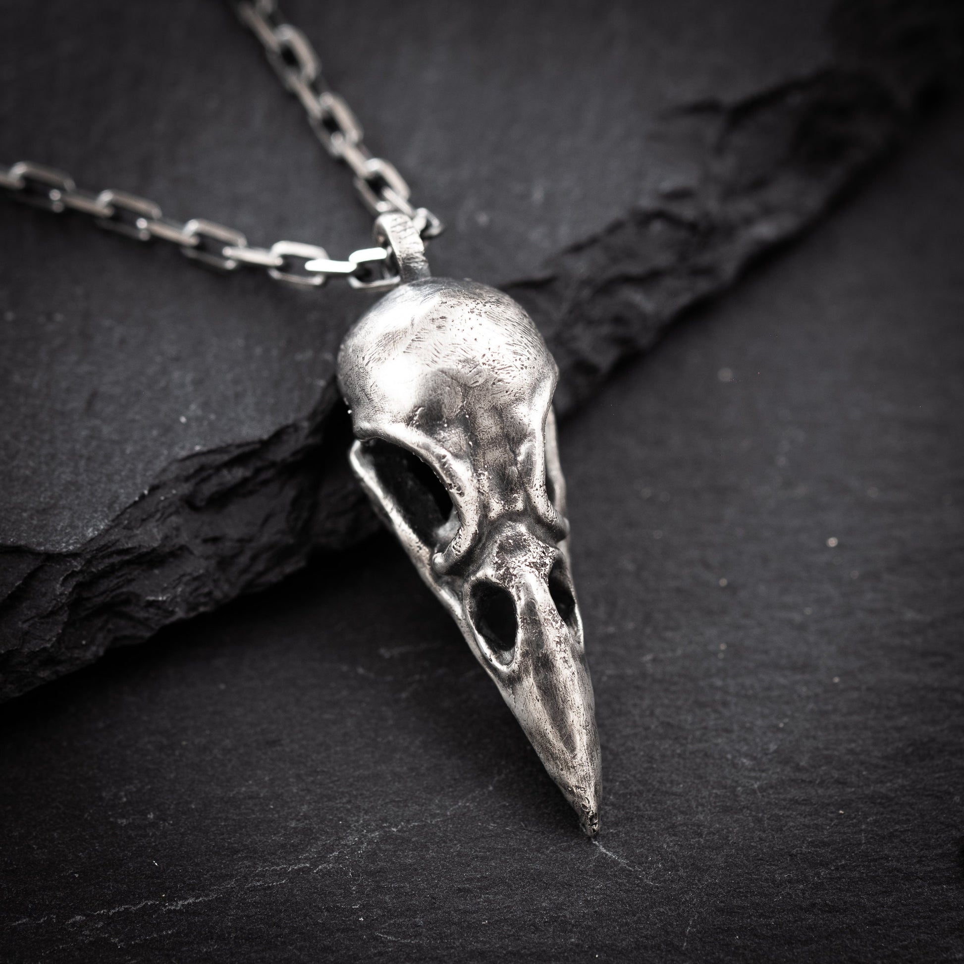 Silver Raven Skull Pendant Necklace – Gothic Bird Skull Jewelry for Men, Unique Gift for Nature and Mysticism Lovers