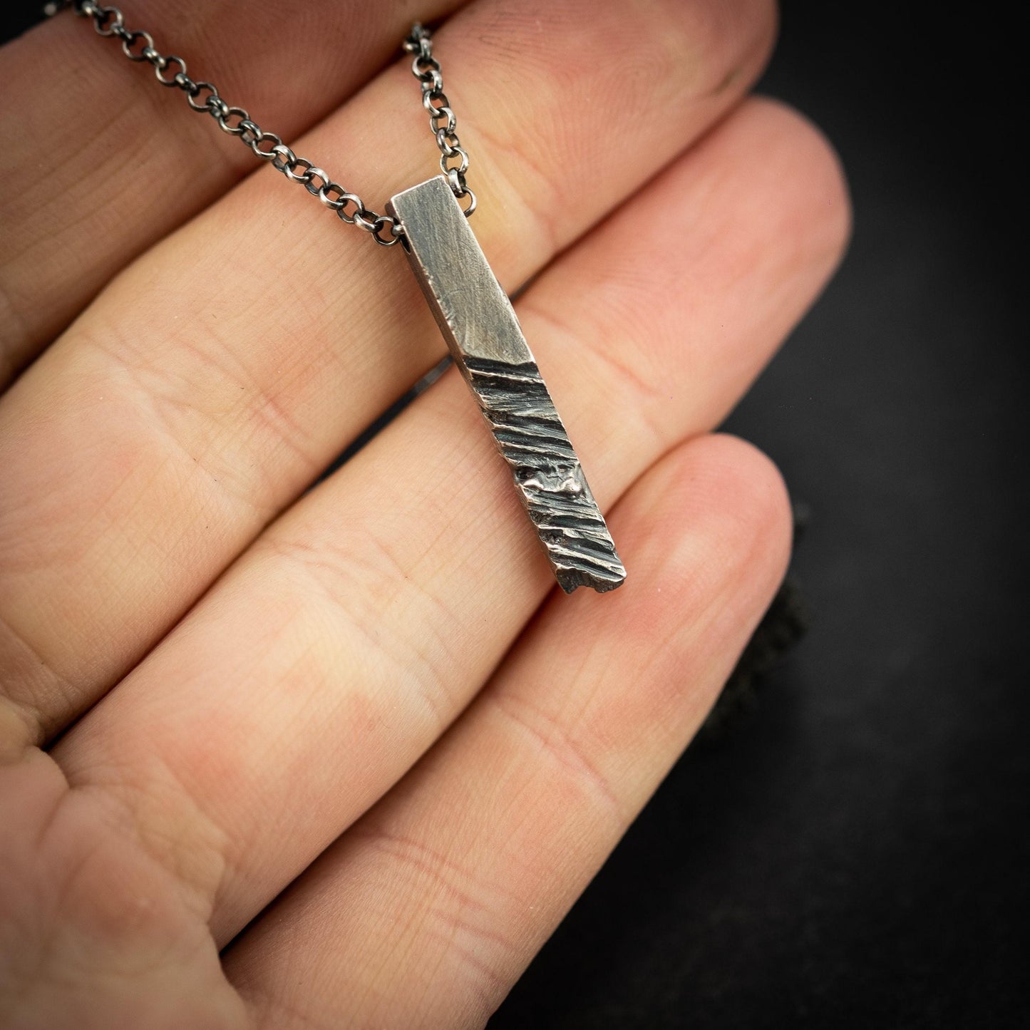Silver Rustic handmade bars mens necklace