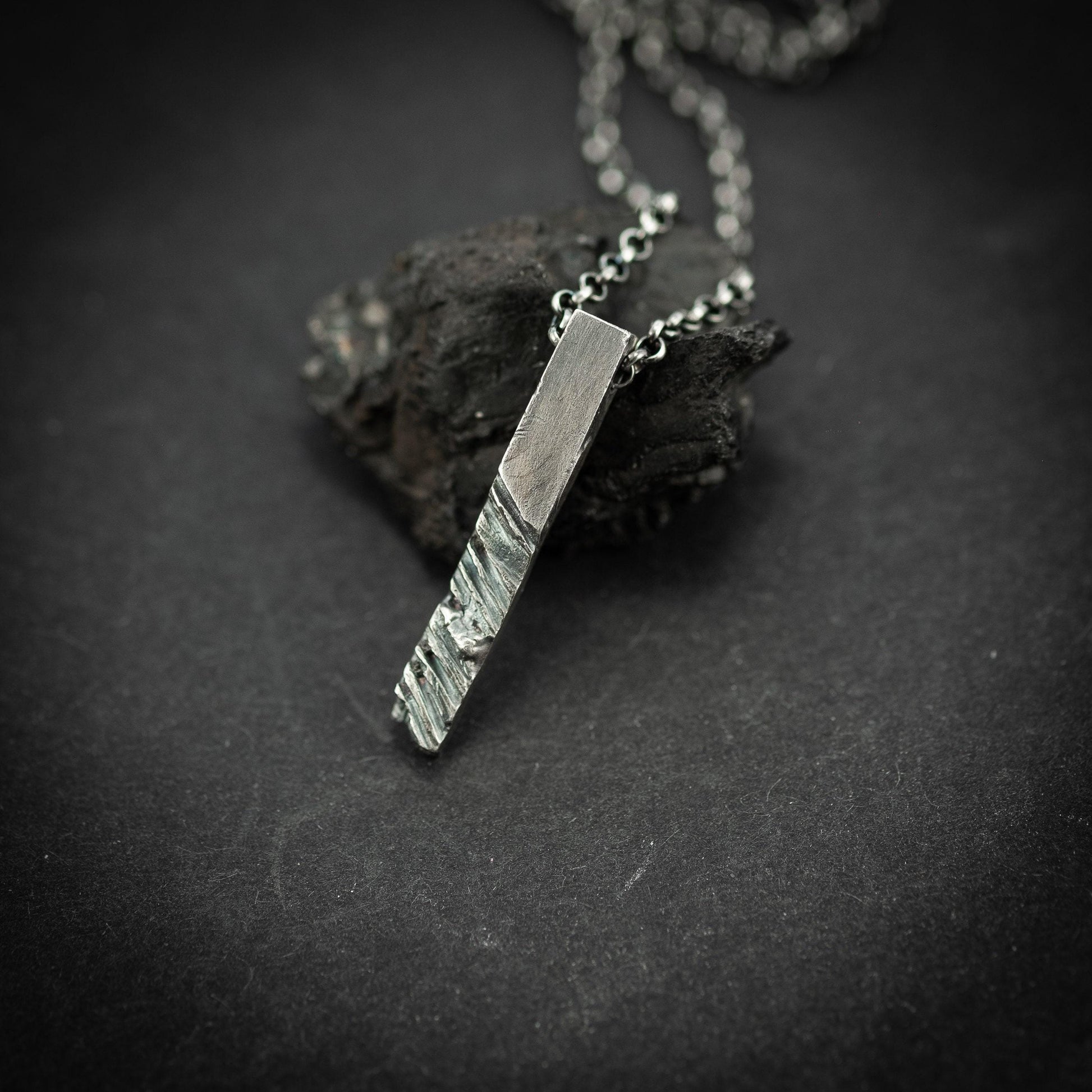 Silver Rustic handmade bars mens necklace
