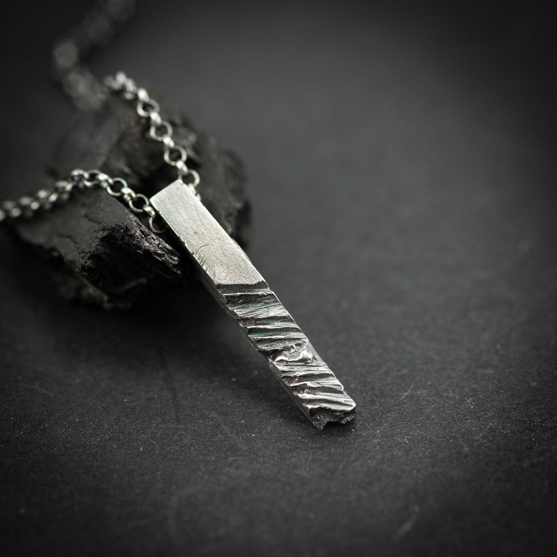 Silver Rustic handmade bars mens necklace