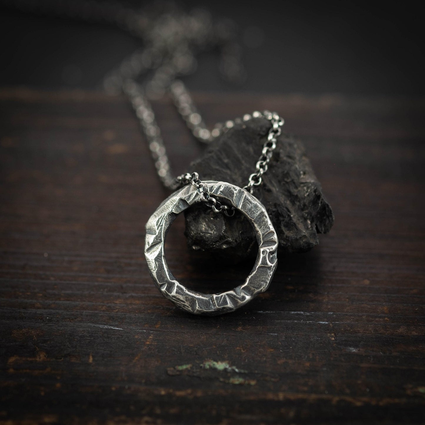 Rustic Brutalist Oxidized Sterling Silver pendant necklace, Unique handmade jewelry for men or women