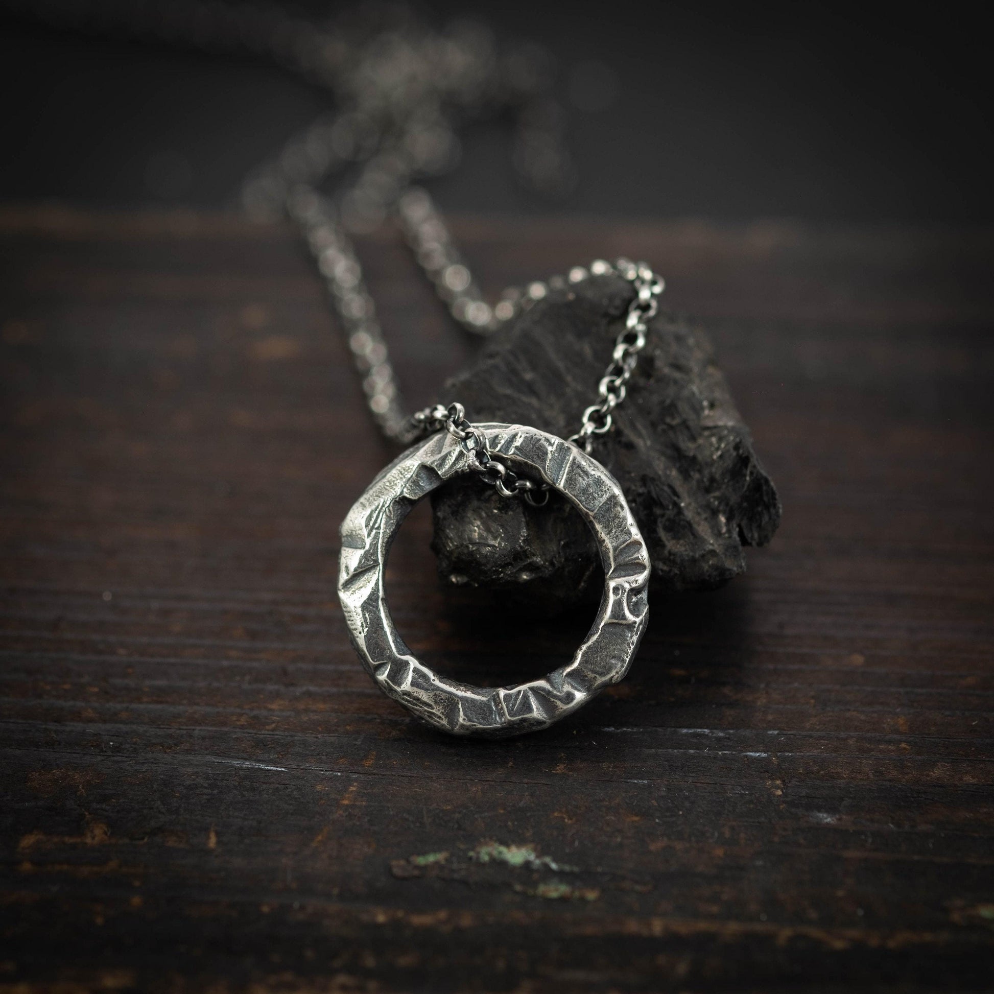 Rustic Brutalist Oxidized Sterling Silver pendant necklace, Unique handmade jewelry for men or women