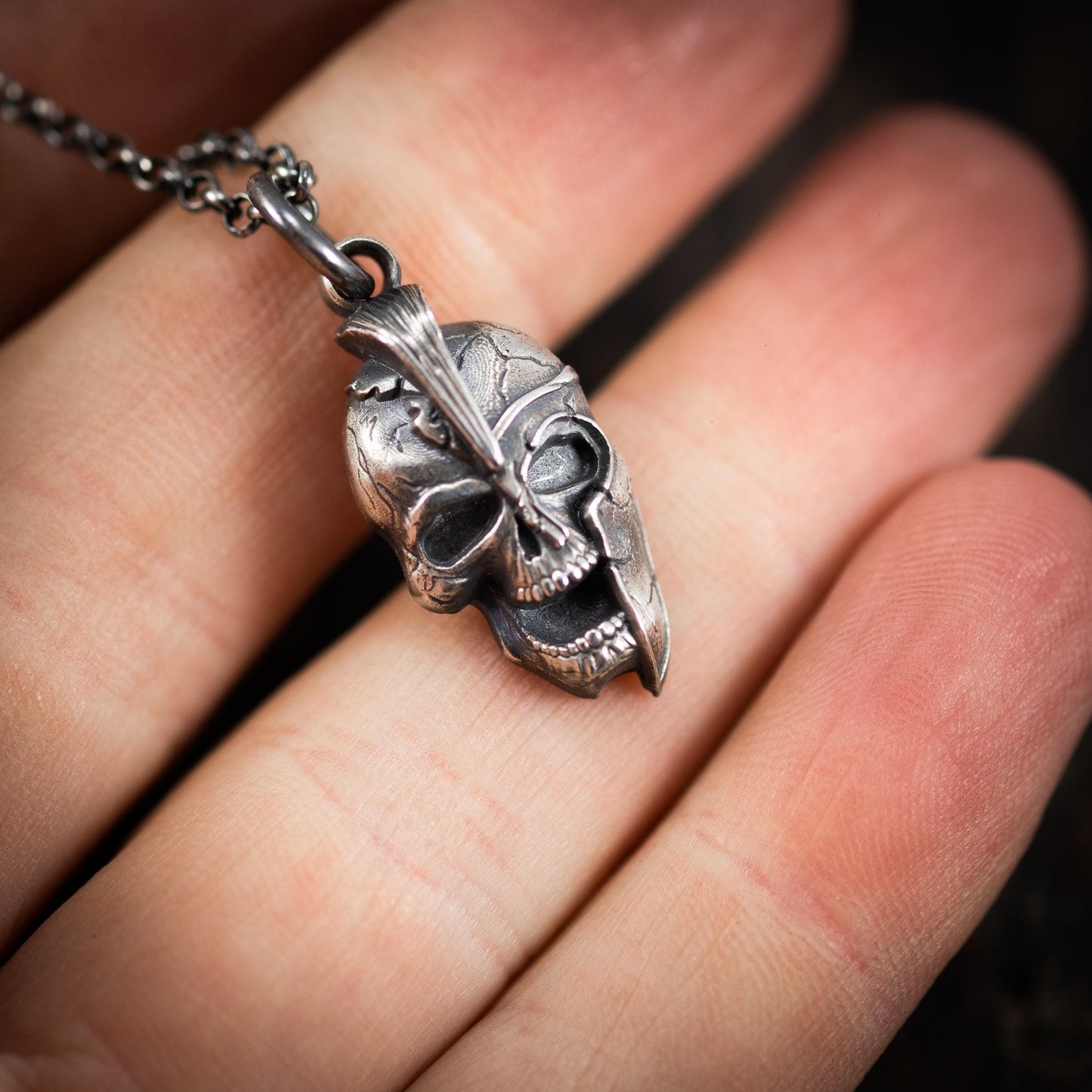 Spartan Warrior Helmet skull men's silver Strength necklace, Memento Mori Oxidized Handmade jewelry, Boyfriend gift, Unique Gift, Men gift