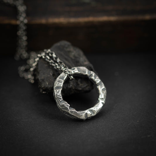 Rustic Brutalist Oxidized Sterling Silver pendant necklace, Unique handmade jewelry for men or women