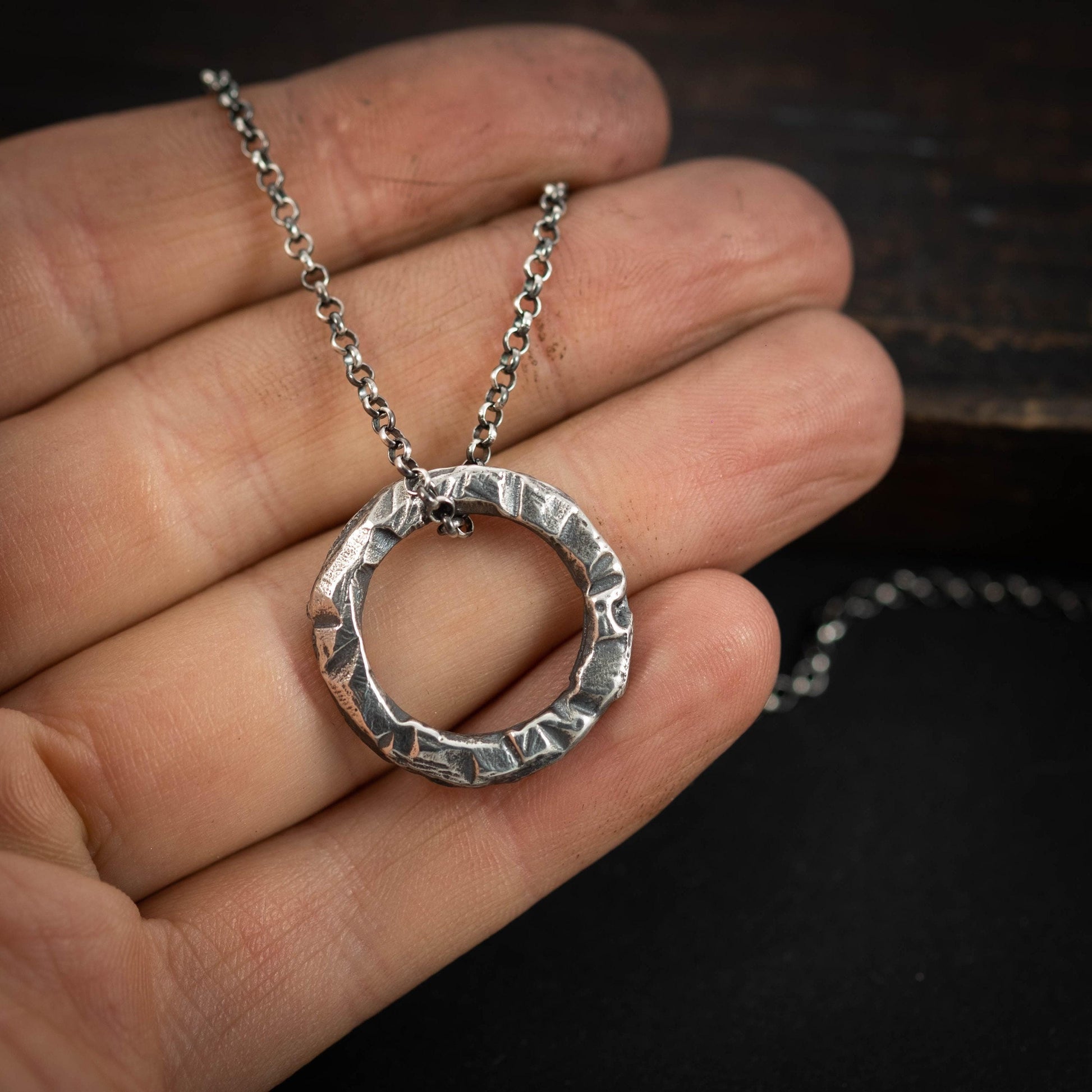 Rustic Brutalist Oxidized Sterling Silver pendant necklace, Unique handmade jewelry for men or women