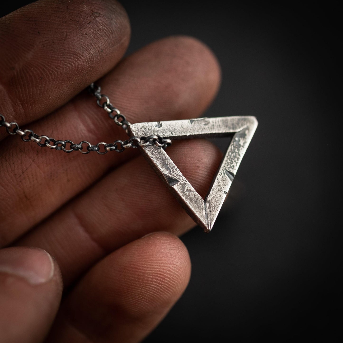 Mens Triangle silver necklace, Rustic oxidized jewelry, brutalist silver pendant, anniversary gift for men, geometric jewelry