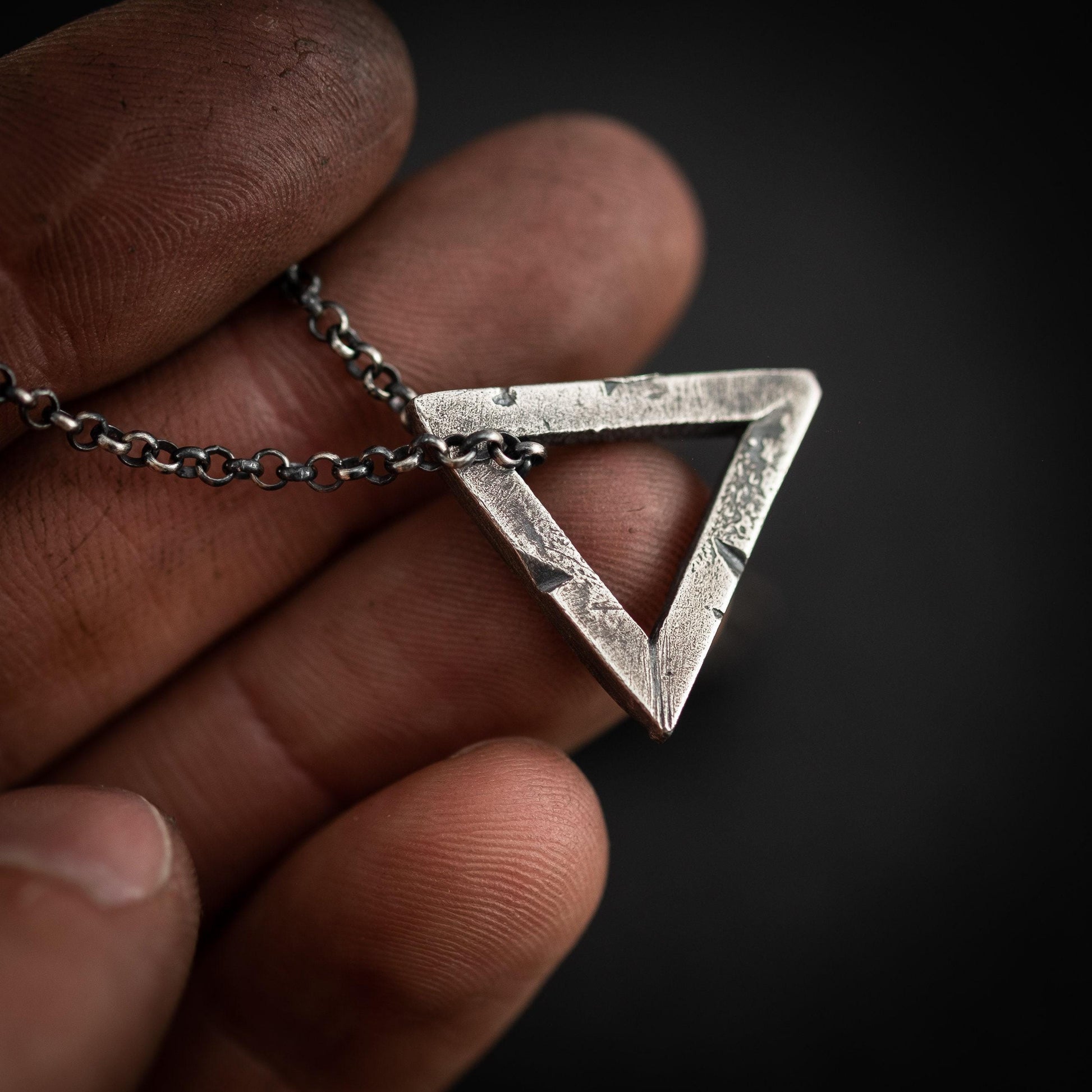 Mens Triangle silver necklace, Rustic oxidized jewelry, brutalist silver pendant, anniversary gift for men, geometric jewelry