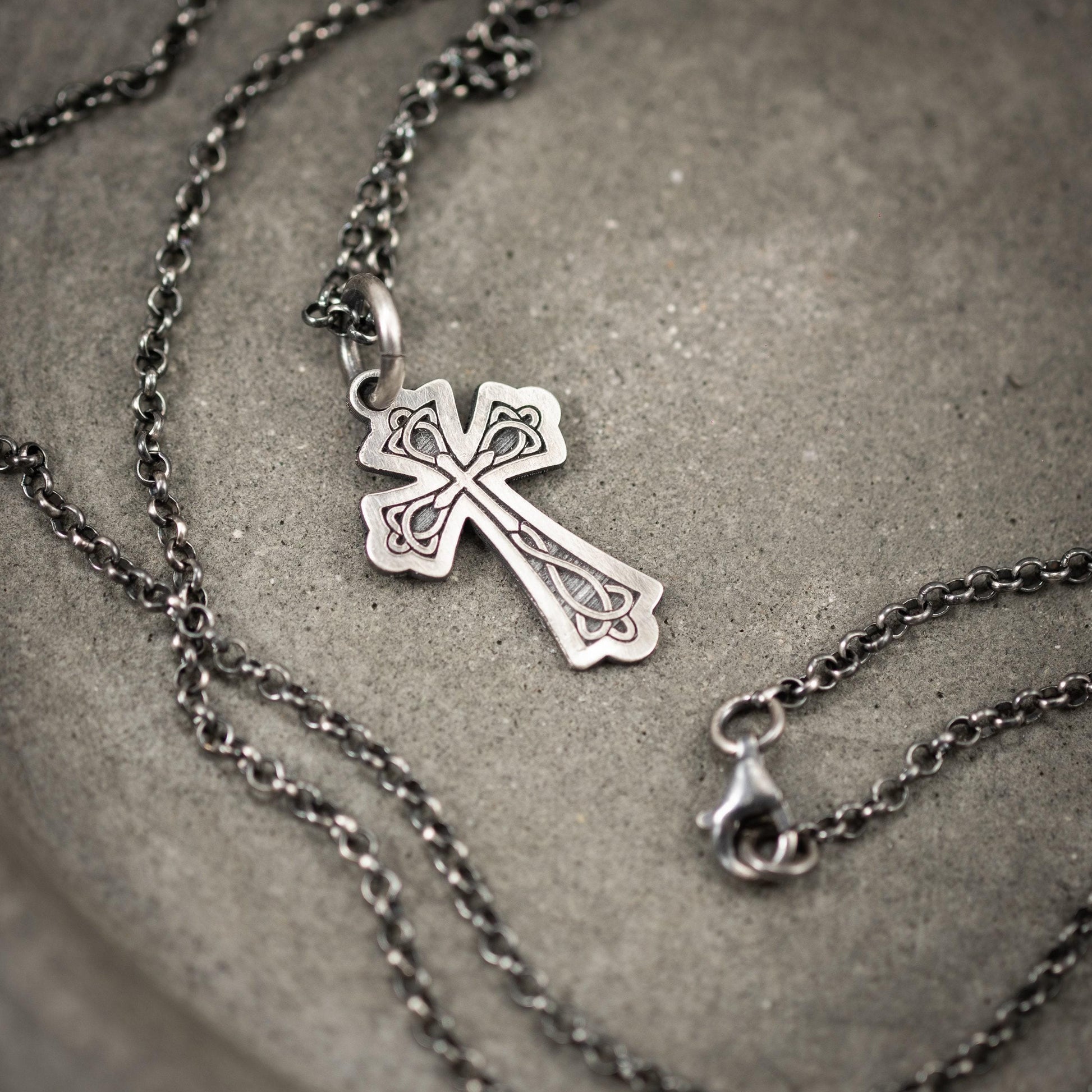 Celtic Silver Cross Necklace for Men, Christian Strength Pendant, Handmade Religious Gift for Boyfriend or Husband