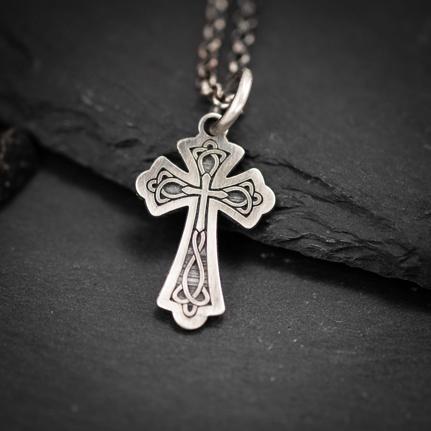 Celtic Silver Cross Necklace for Men, Christian Strength Pendant, Handmade Religious Gift for Boyfriend or Husband