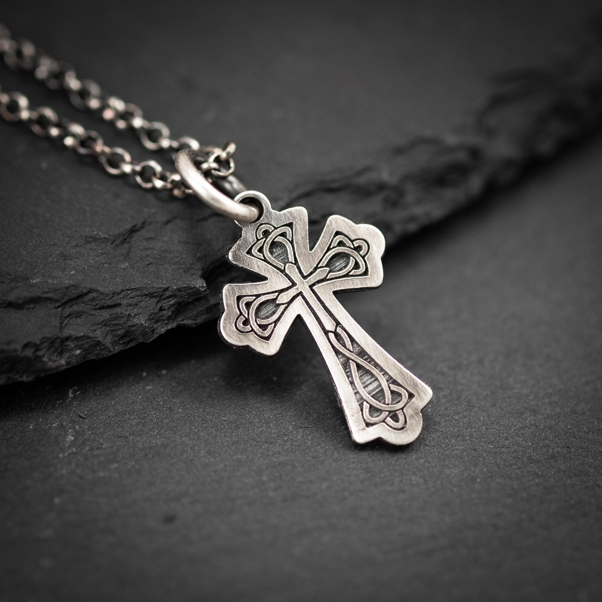 Celtic Silver Cross Necklace for Men, Christian Strength Pendant, Handmade Religious Gift for Boyfriend or Husband