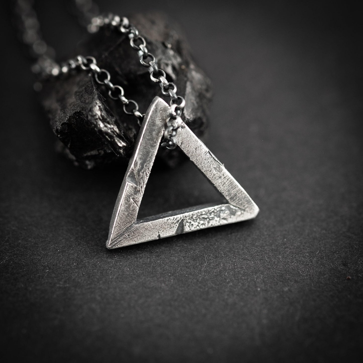Mens Triangle silver necklace, Rustic oxidized jewelry, brutalist silver pendant, anniversary gift for men, geometric jewelry