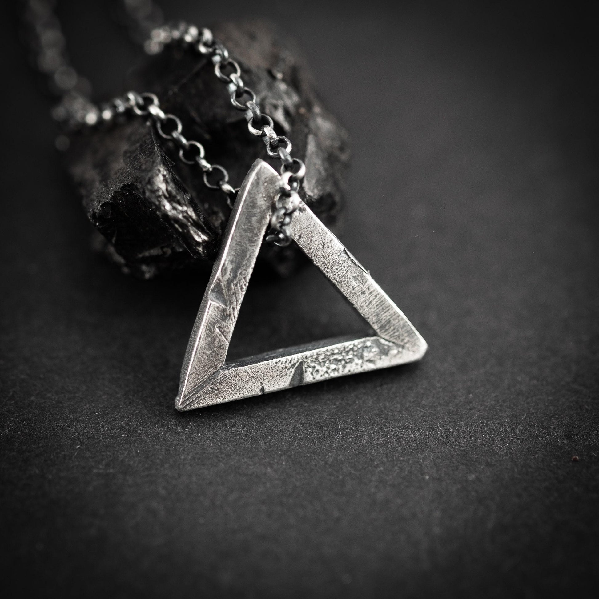 Mens Triangle silver necklace, Rustic oxidized jewelry, brutalist silver pendant, anniversary gift for men, geometric jewelry