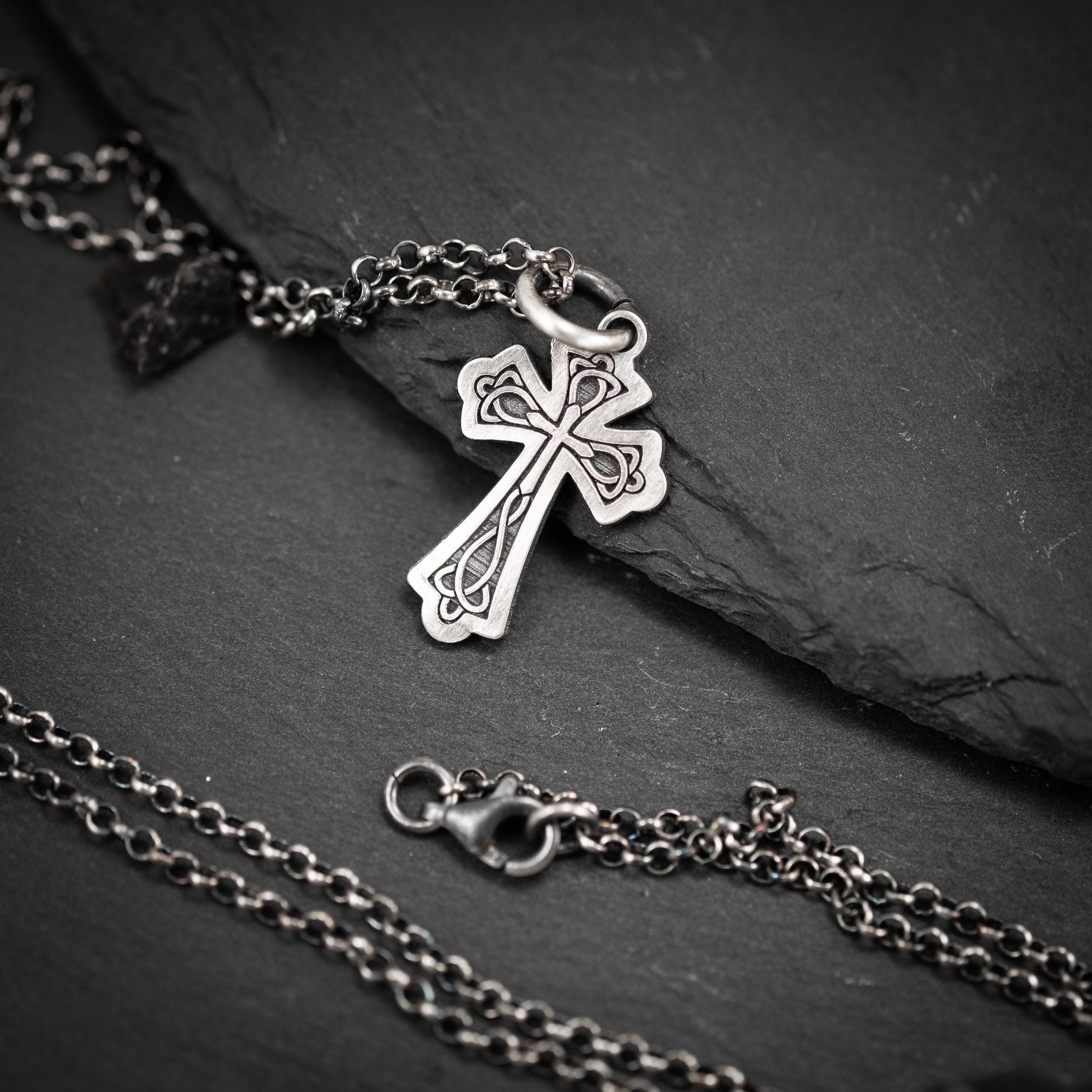 Celtic Silver Cross Necklace for Men, Christian Strength Pendant, Handmade Religious Gift for Boyfriend or Husband