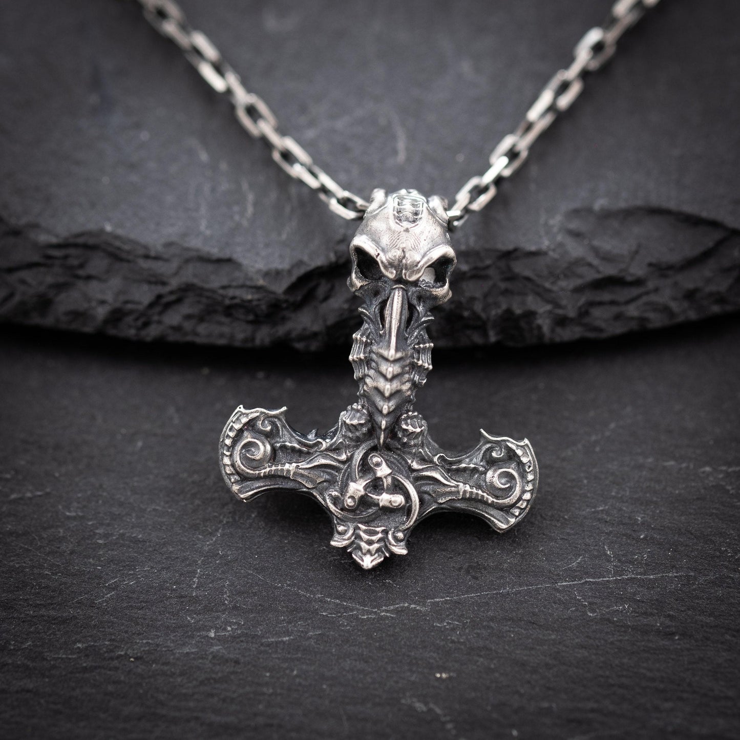 War Hammer Viking Mjölnir Raven skull pendant, Thor's hammer mens necklace, Viking jewelry, Norse jewelry, unique men gift, Norse mythology