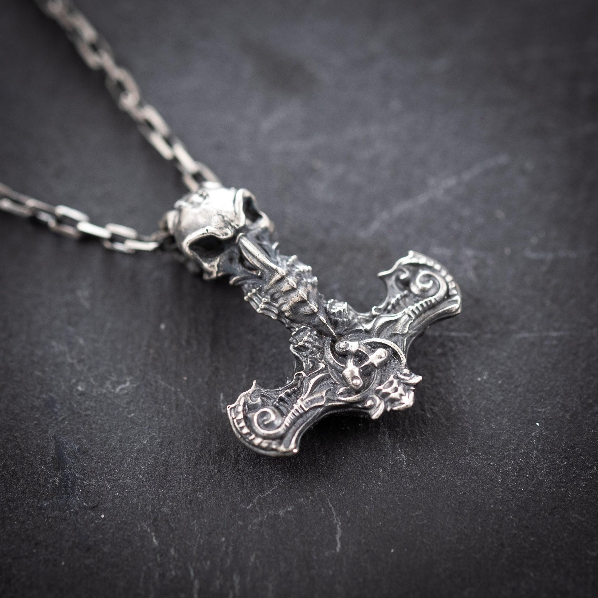 War Hammer Viking Mjölnir Raven skull pendant, Thor's hammer mens necklace, Viking jewelry, Norse jewelry, unique men gift, Norse mythology