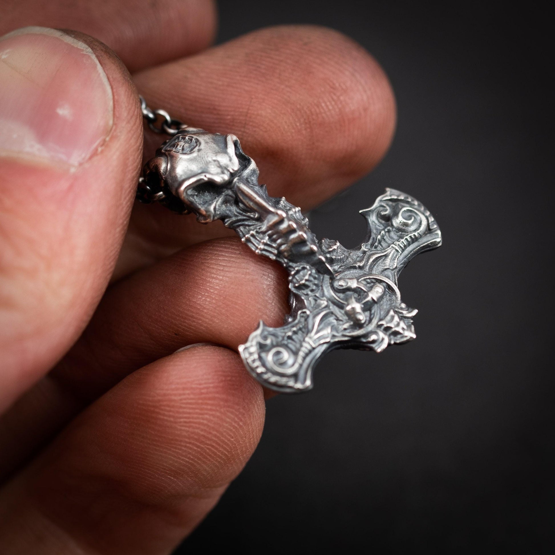 War Hammer Viking Mjölnir Raven skull pendant, Thor's hammer mens necklace, Viking jewelry, Norse jewelry, unique men gift, Norse mythology