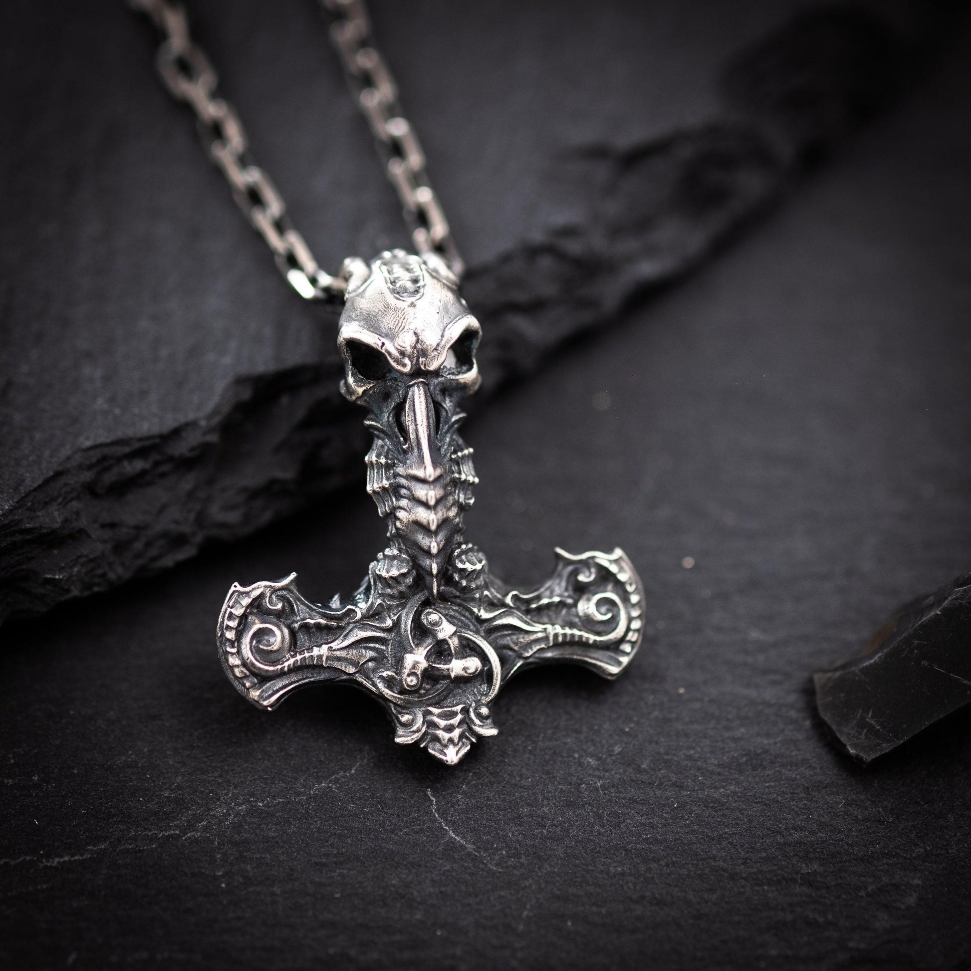 War Hammer Viking Mjölnir Raven skull pendant, Thor's hammer mens necklace, Viking jewelry, Norse jewelry, unique men gift, Norse mythology