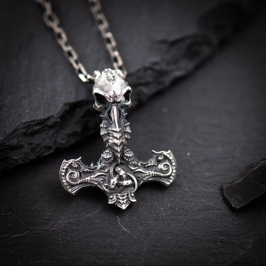 War Hammer Viking Mjölnir Raven skull pendant, Thor's hammer mens necklace, Viking jewelry, Norse jewelry, unique men gift, Norse mythology