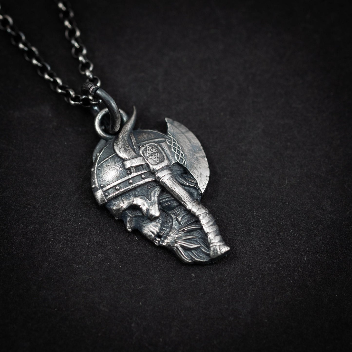 Viking Warrior skull Rustic sterling silver pendant neckalce, viking gift for men, Oxidized jewelry