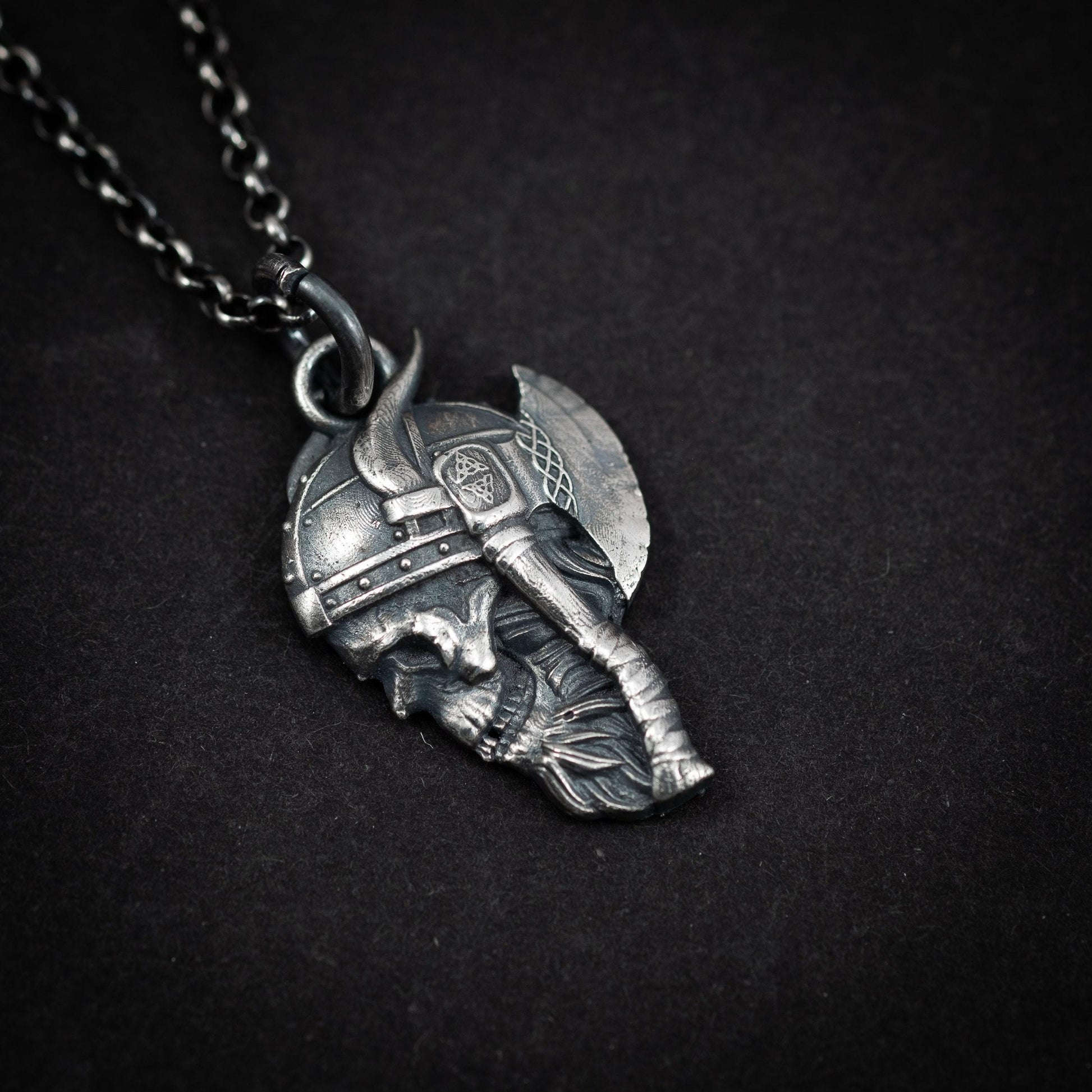 Viking Warrior skull Rustic sterling silver pendant neckalce, viking gift for men, Oxidized jewelry