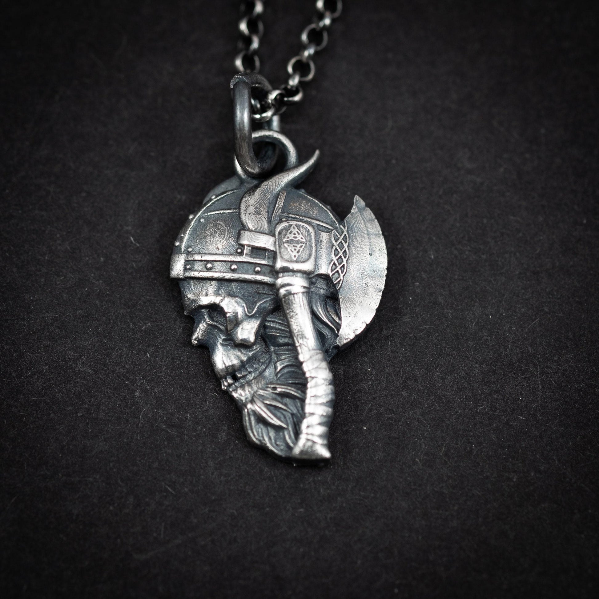 Viking Warrior skull Rustic sterling silver pendant neckalce, viking gift for men, Oxidized jewelry