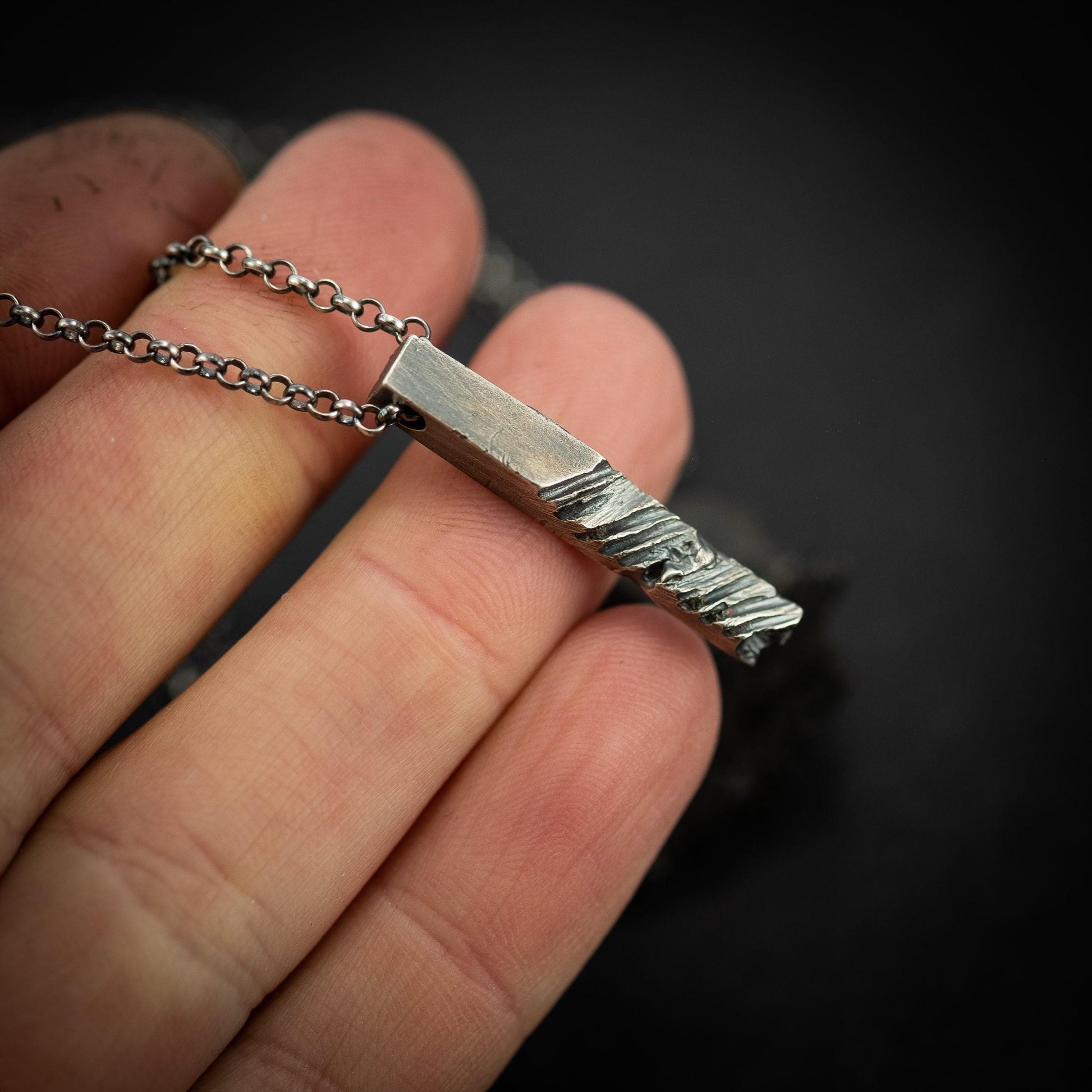 Silver Rustic handmade bars mens necklace