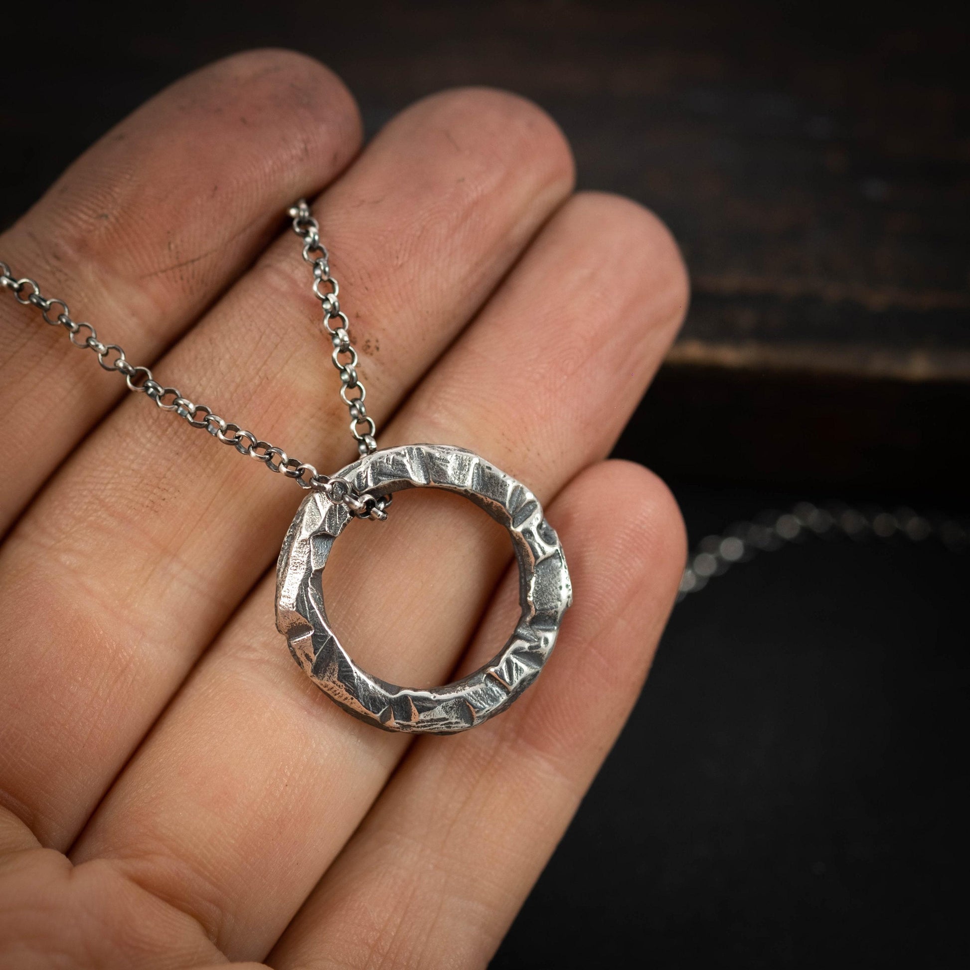 Rustic Brutalist Oxidized Sterling Silver pendant necklace, Unique handmade jewelry for men or women