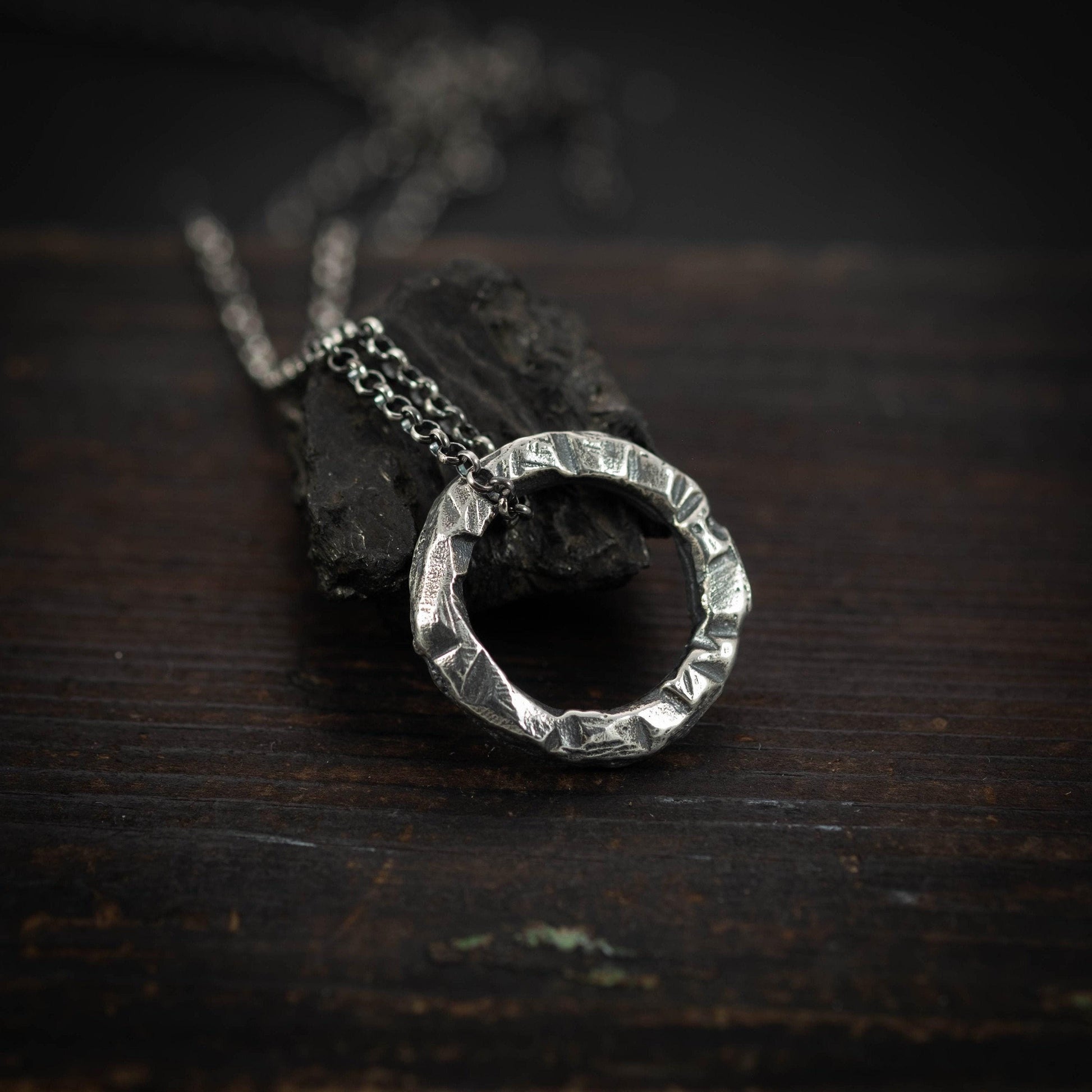 Rustic Brutalist Oxidized Sterling Silver pendant necklace, Unique handmade jewelry for men or women