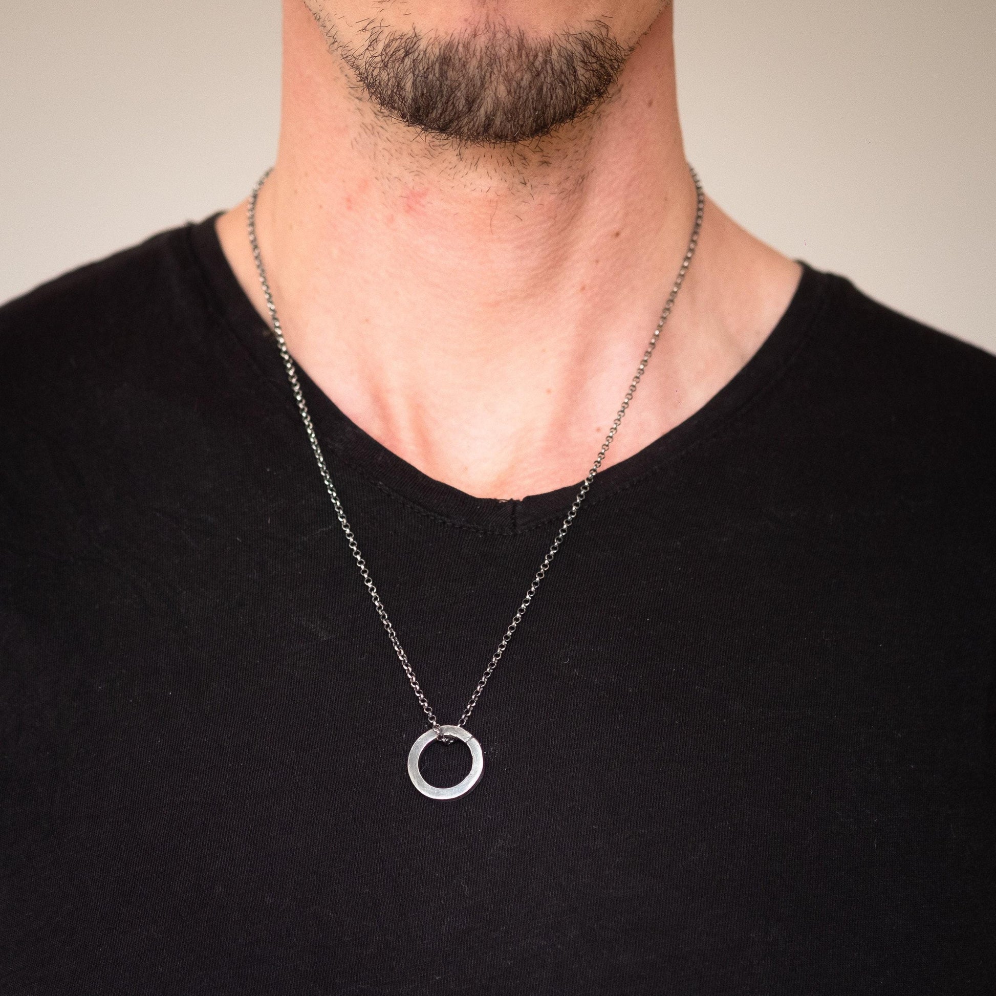 Silver round Circle mens necklace, Minimalist Protection amulet, Viking Handmade Silver jewelry, Unique Gift for women, Boyfriend gift
