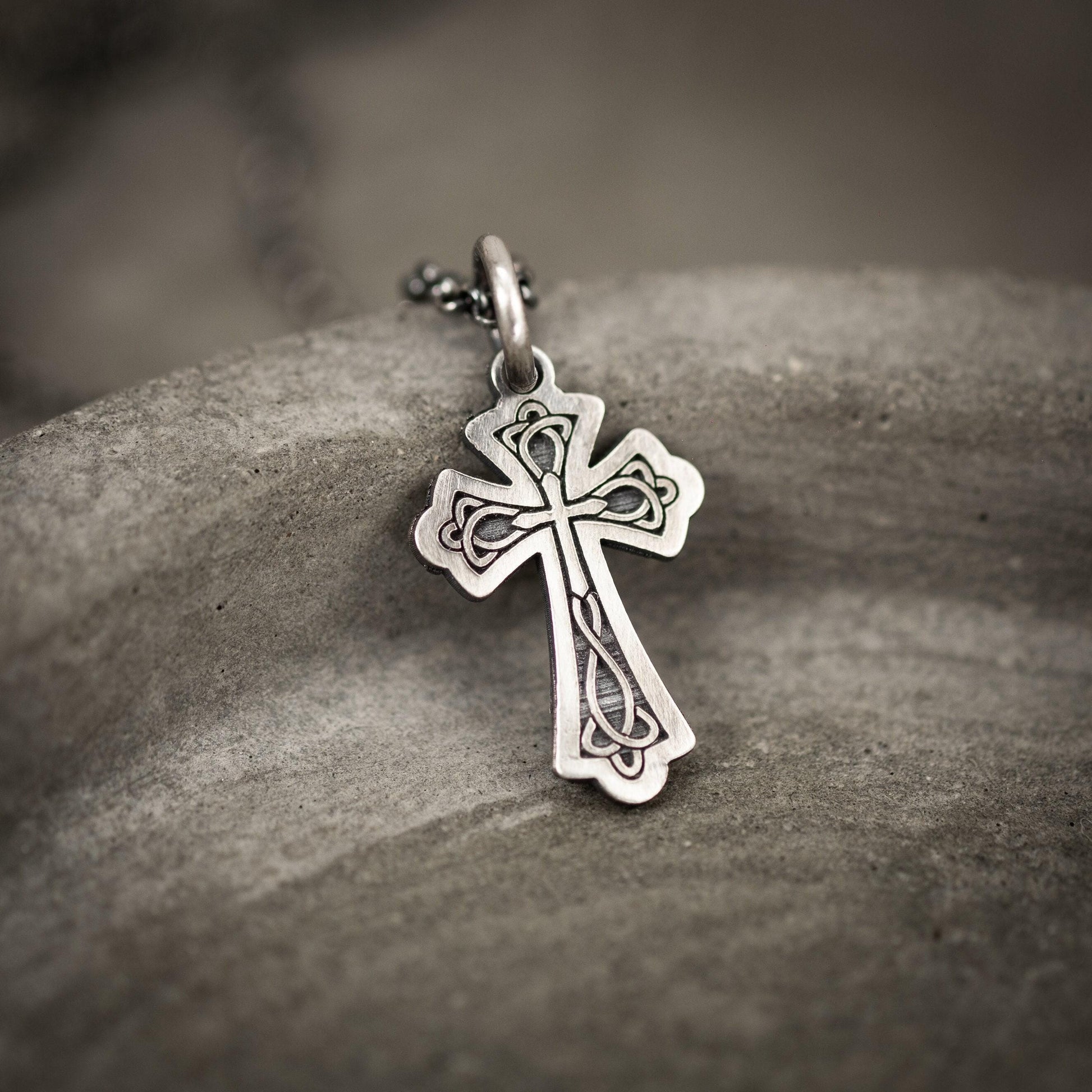 Celtic Silver Cross Necklace for Men, Christian Strength Pendant, Handmade Religious Gift for Boyfriend or Husband