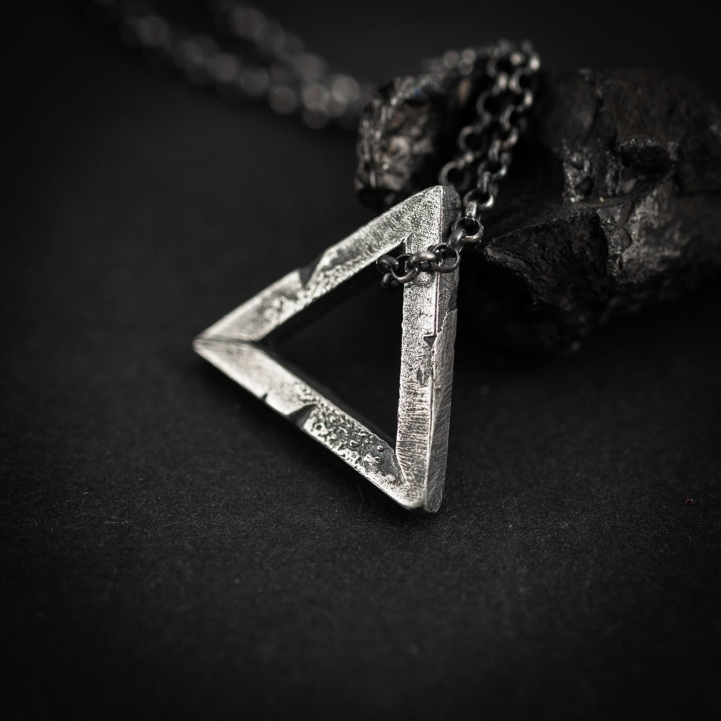 Mens Triangle silver necklace, Rustic oxidized jewelry, brutalist silver pendant, anniversary gift for men, geometric jewelry