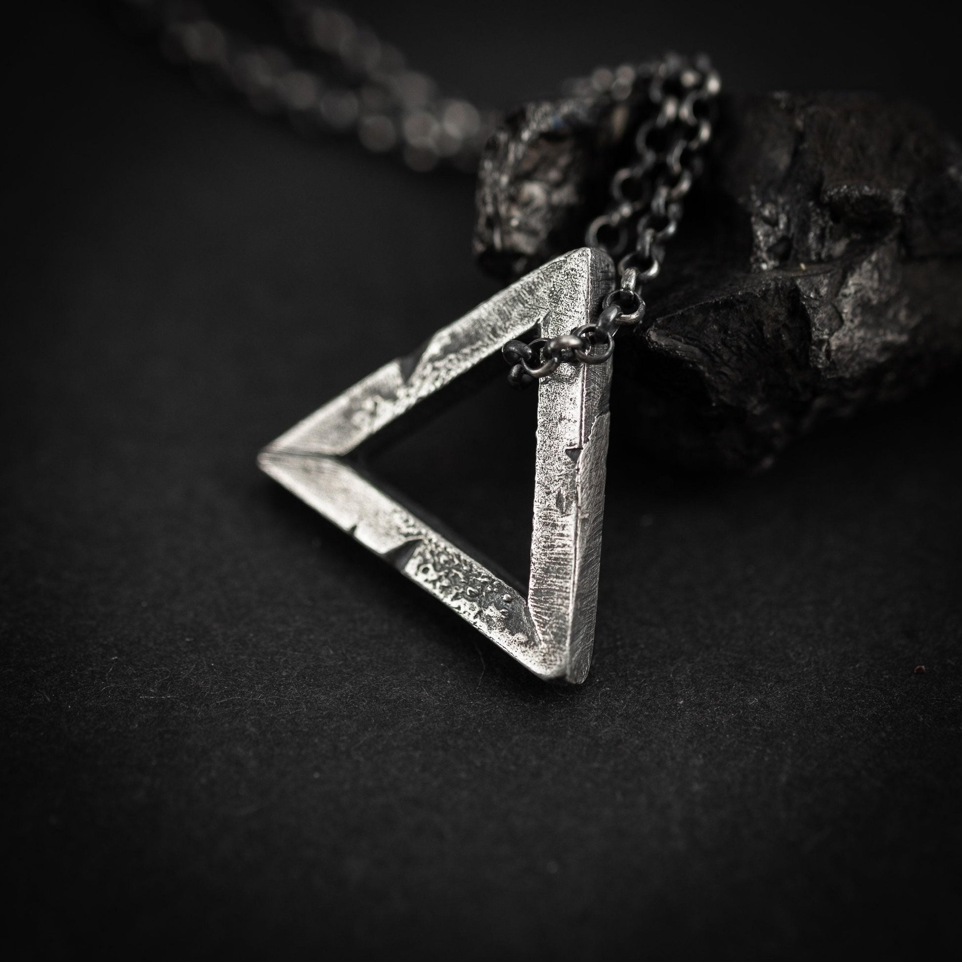 Mens Triangle silver necklace, Rustic oxidized jewelry, brutalist silver pendant, anniversary gift for men, geometric jewelry