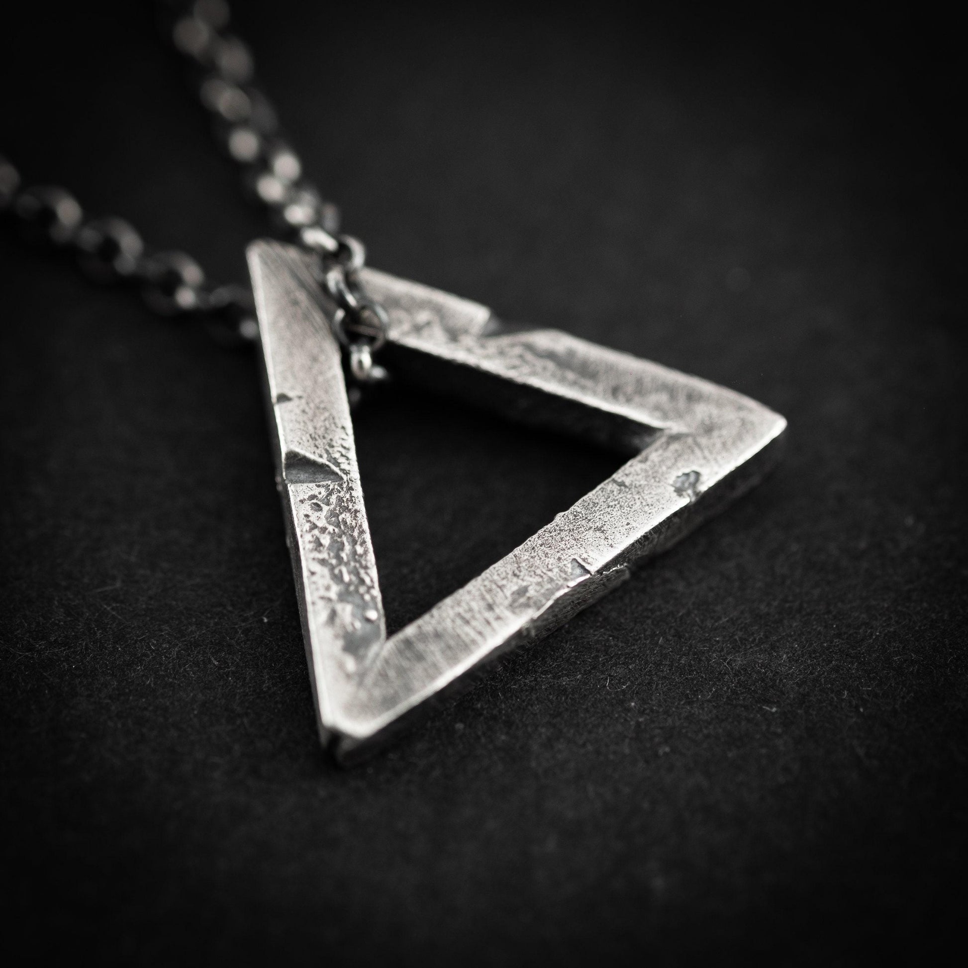 Mens Triangle silver necklace, Rustic oxidized jewelry, brutalist silver pendant, anniversary gift for men, geometric jewelry