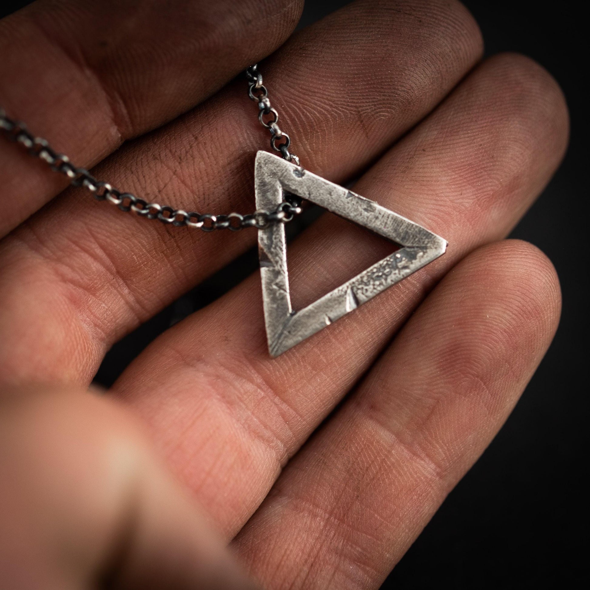 Mens Triangle silver necklace, Rustic oxidized jewelry, brutalist silver pendant, anniversary gift for men, geometric jewelry