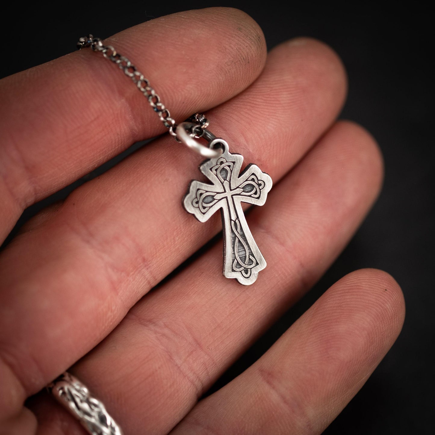 Celtic Silver Cross Necklace for Men, Christian Strength Pendant, Handmade Religious Gift for Boyfriend or Husband