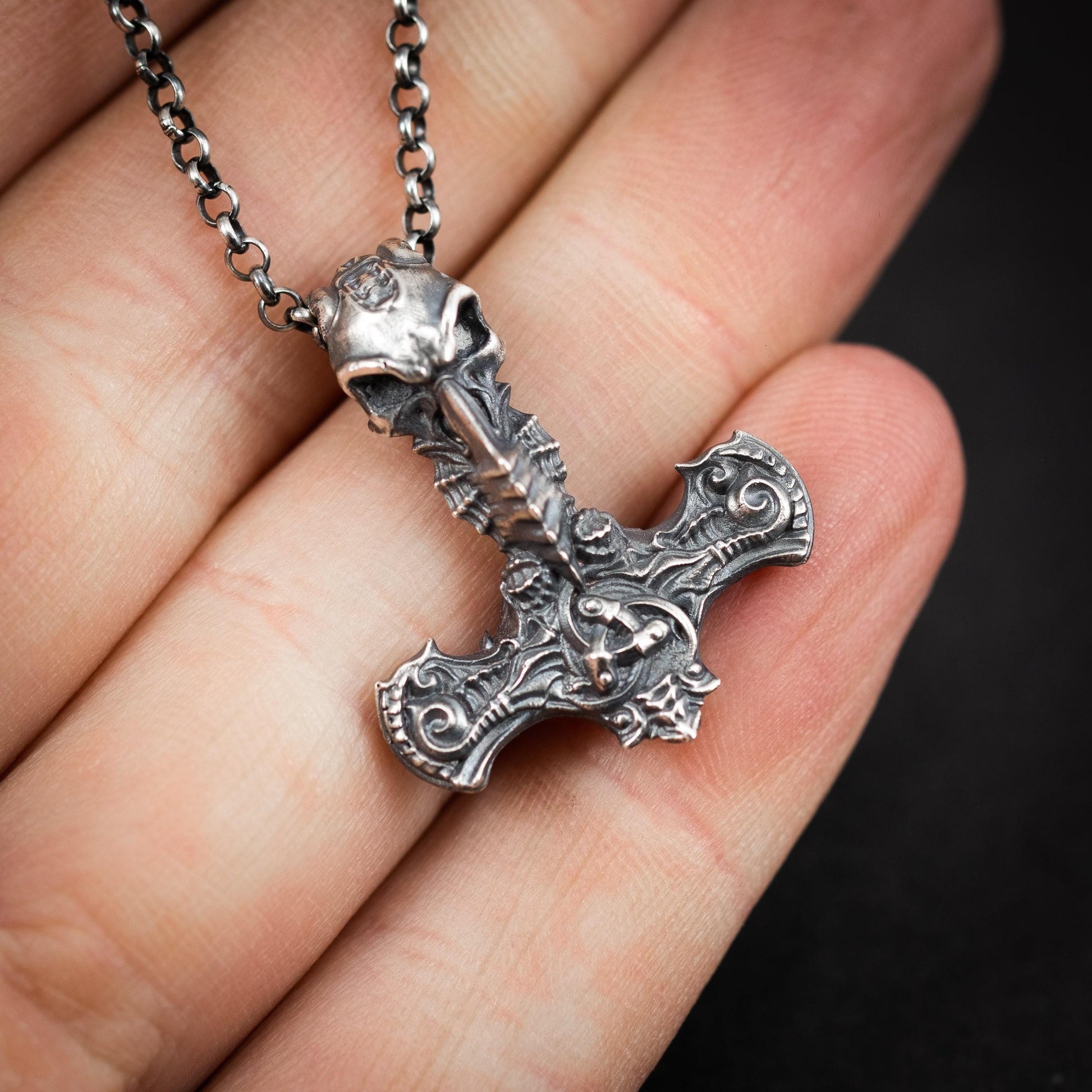 War Hammer Viking Mjölnir Raven skull pendant, Thor's hammer mens necklace, Viking jewelry, Norse jewelry, unique men gift, Norse mythology