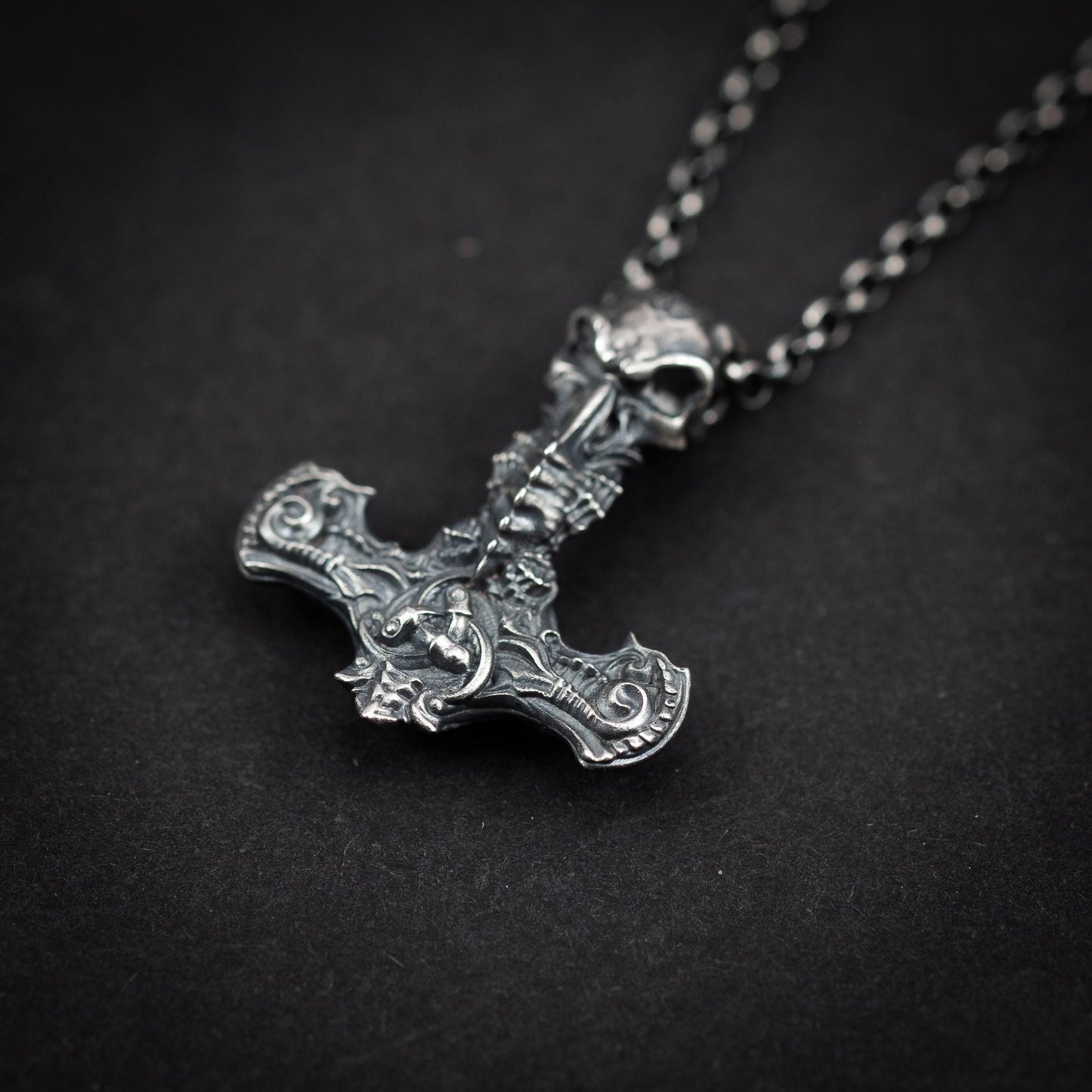 War Hammer Viking Mjölnir Raven skull pendant, Thor's hammer mens necklace, Viking jewelry, Norse jewelry, unique men gift, Norse mythology