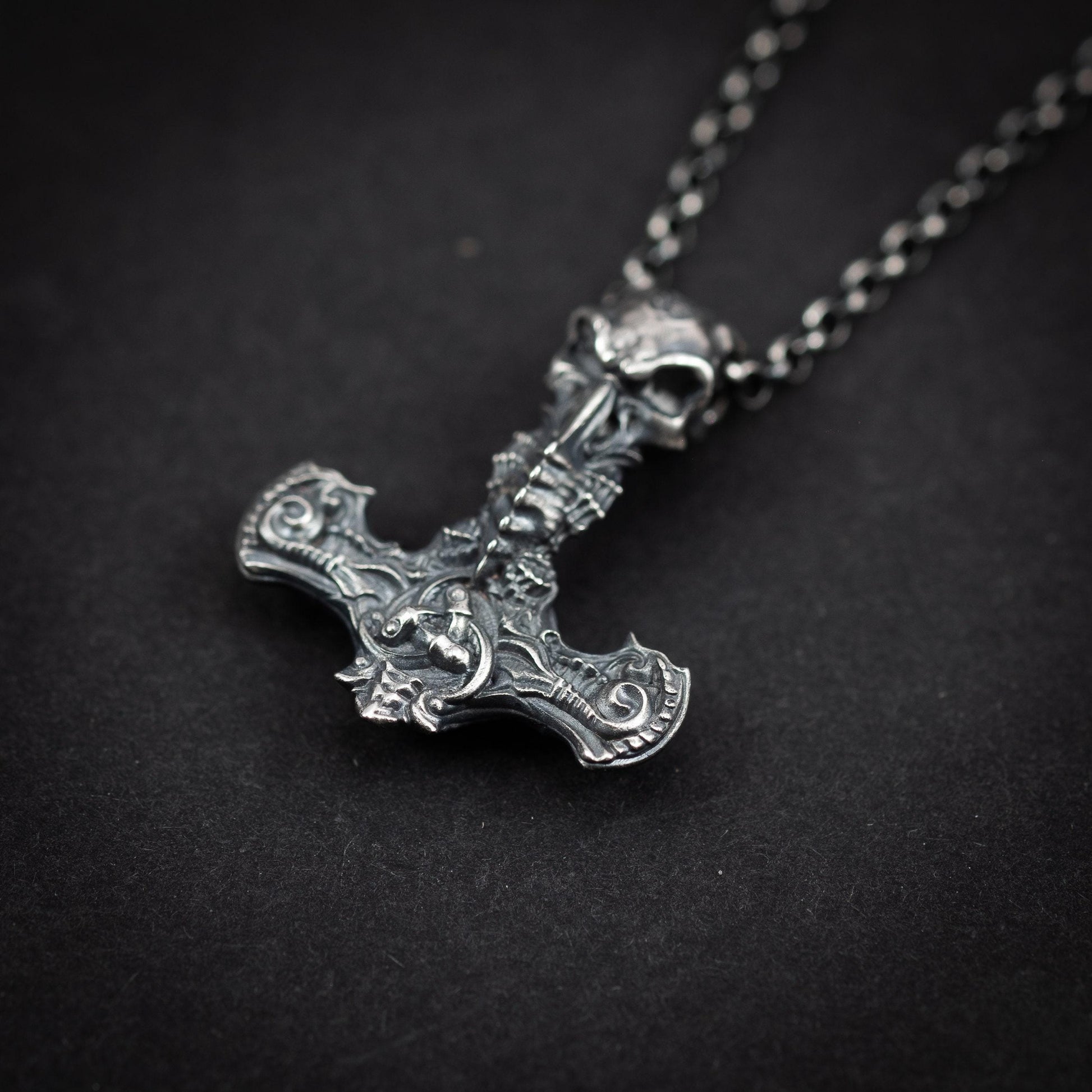 War Hammer Viking Mjölnir Raven skull pendant, Thor's hammer mens necklace, Viking jewelry, Norse jewelry, unique men gift, Norse mythology